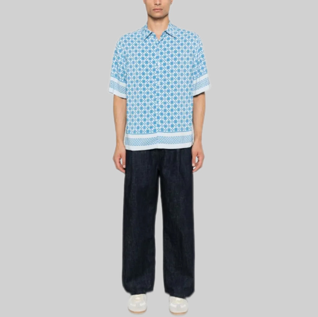 Square Cross-Motif Shirt – Sky Blue & White