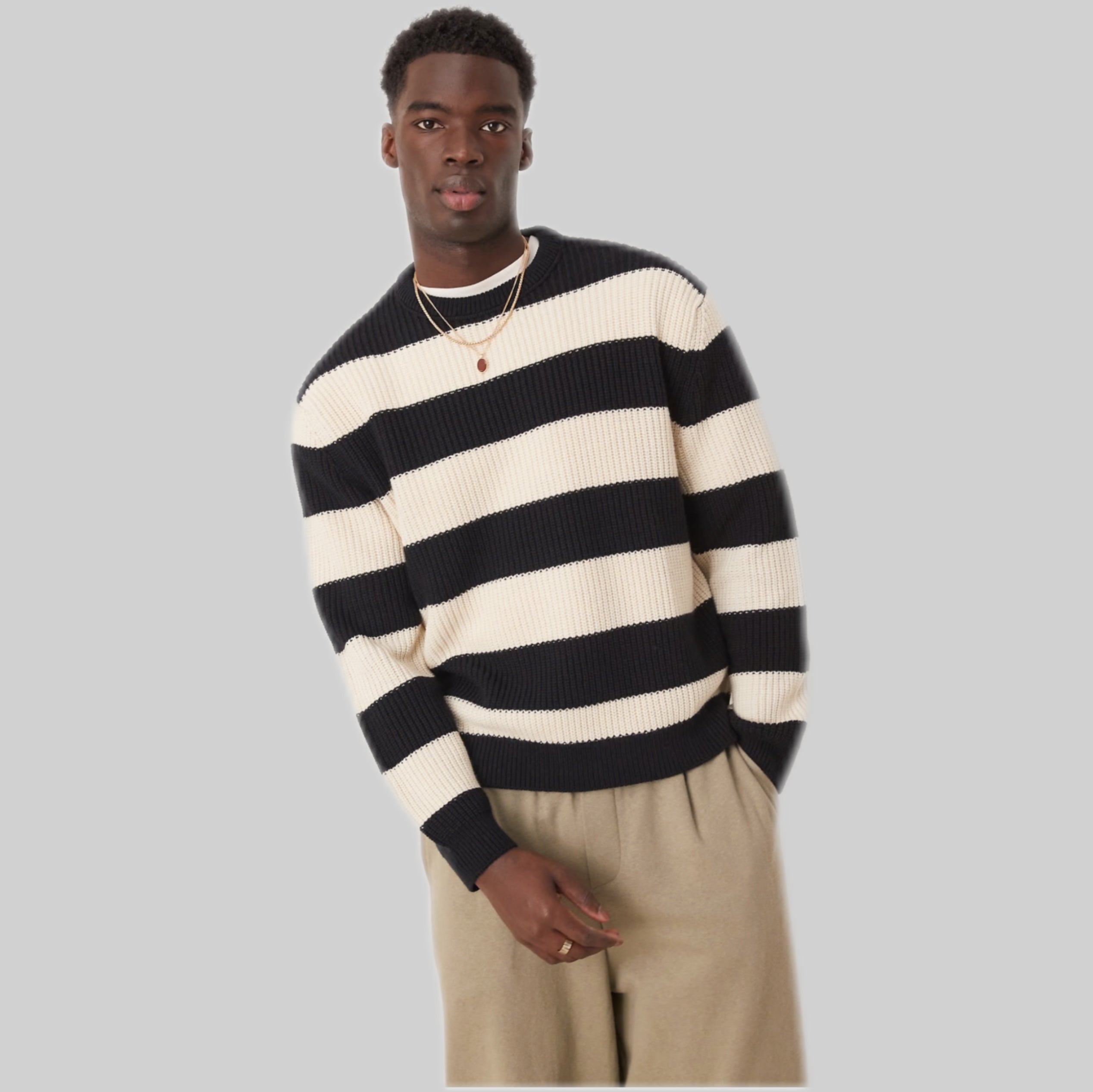 Oversized Boxy Fit Knitted Fisherman Rib Jumper with Stripe in Navy