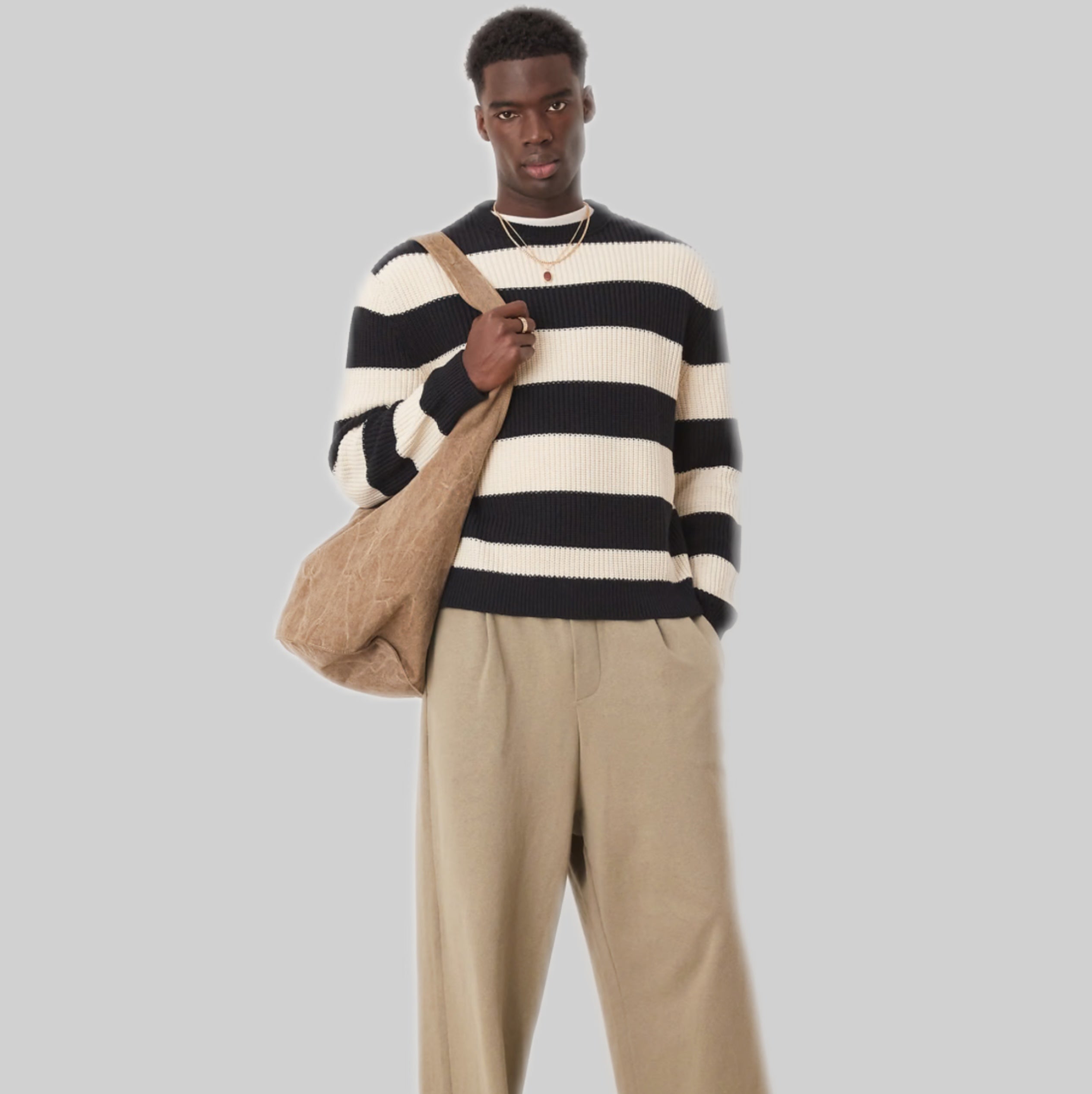 Oversized Boxy Fit Knitted Fisherman Rib Jumper with Stripe in Navy