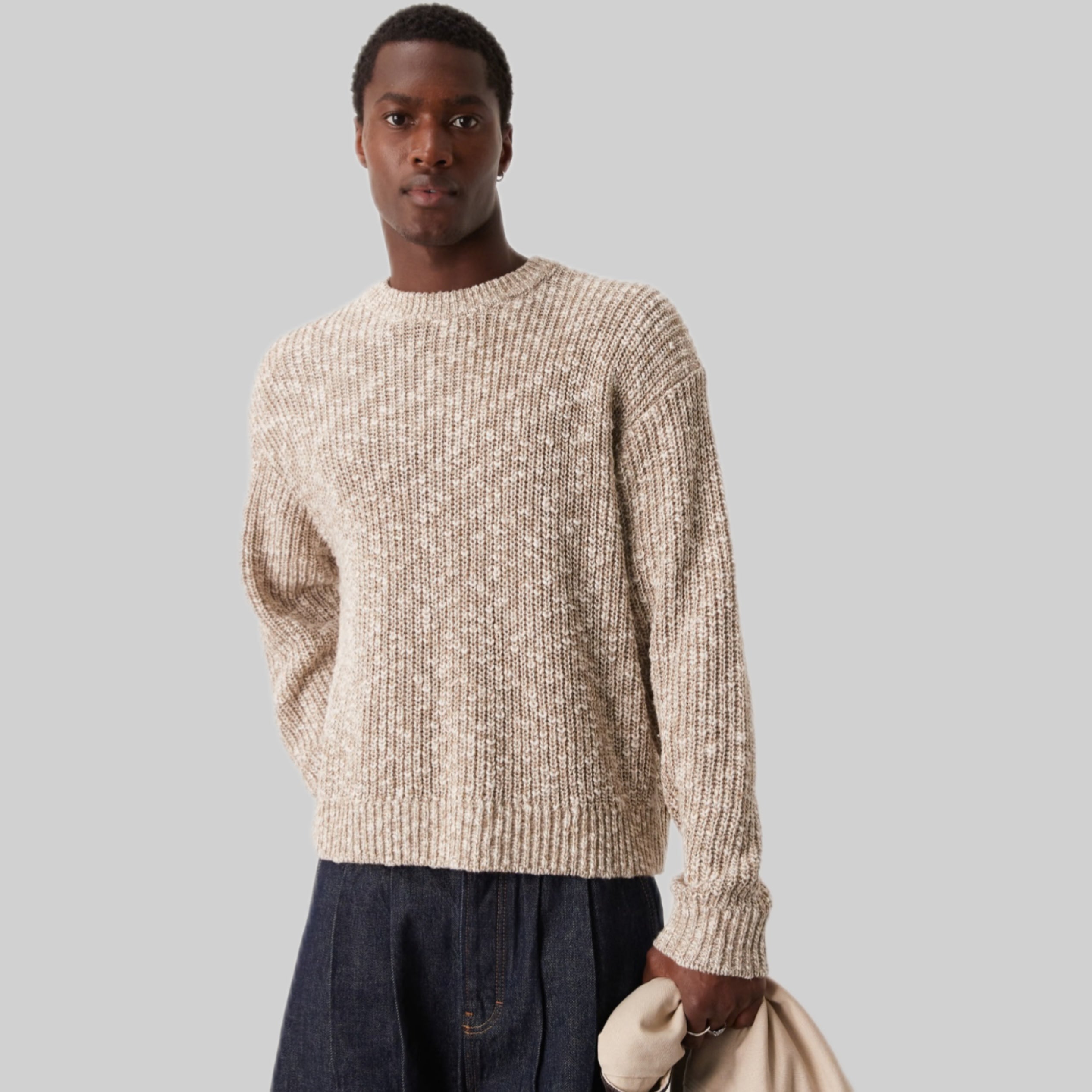 Oversized Textured Knit Crew Neck Jumper in Cream