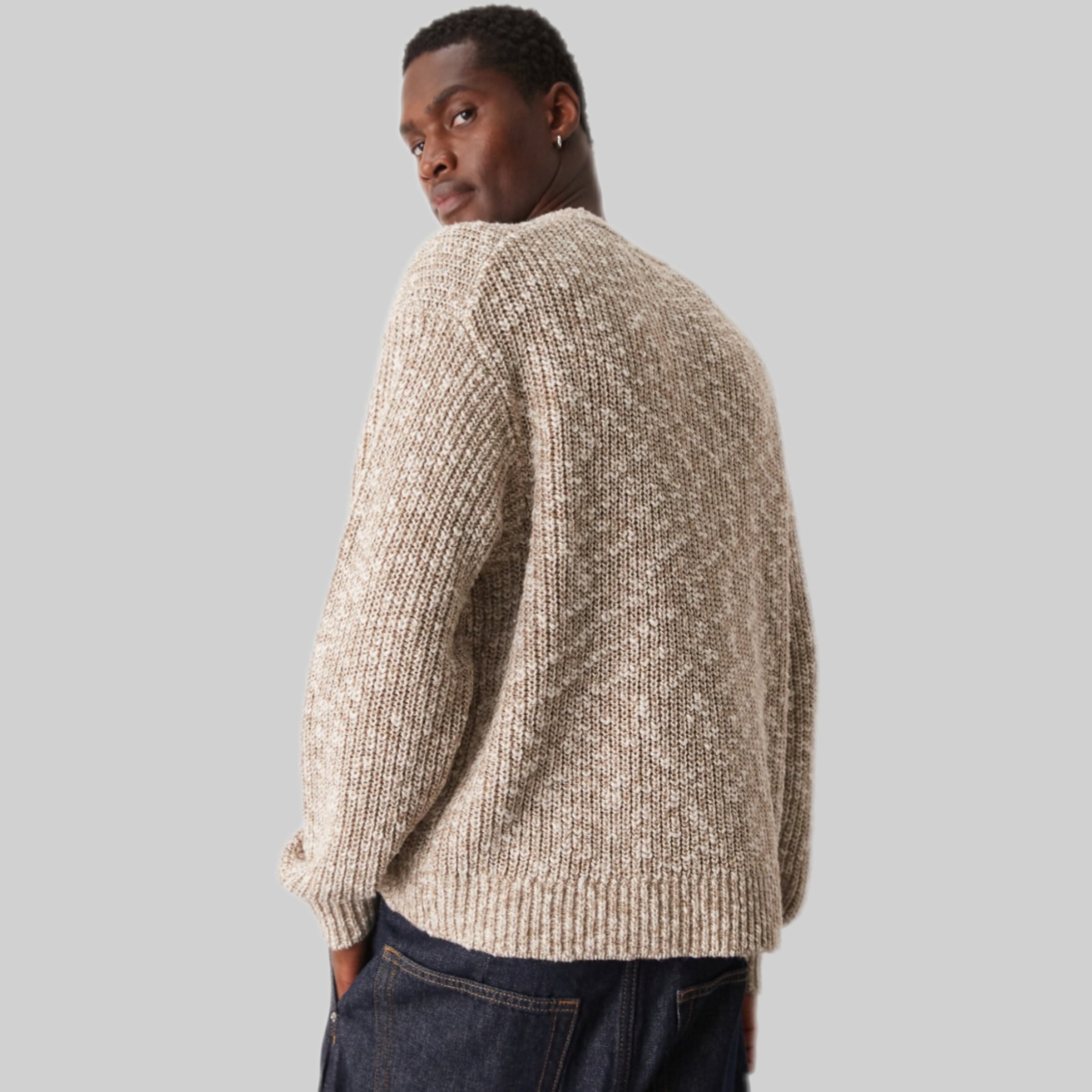 Oversized Textured Knit Crew Neck Jumper in Cream