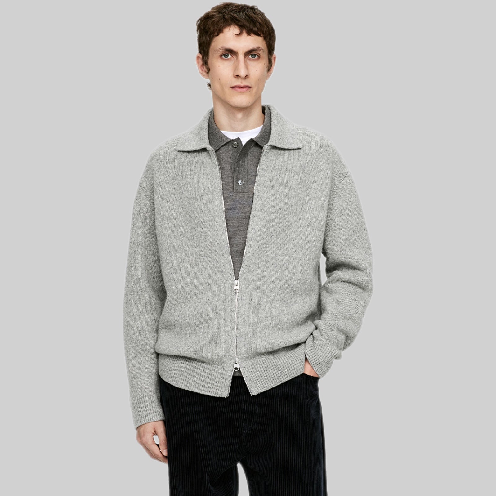 Wool Zip Cardigan - Grey Melange