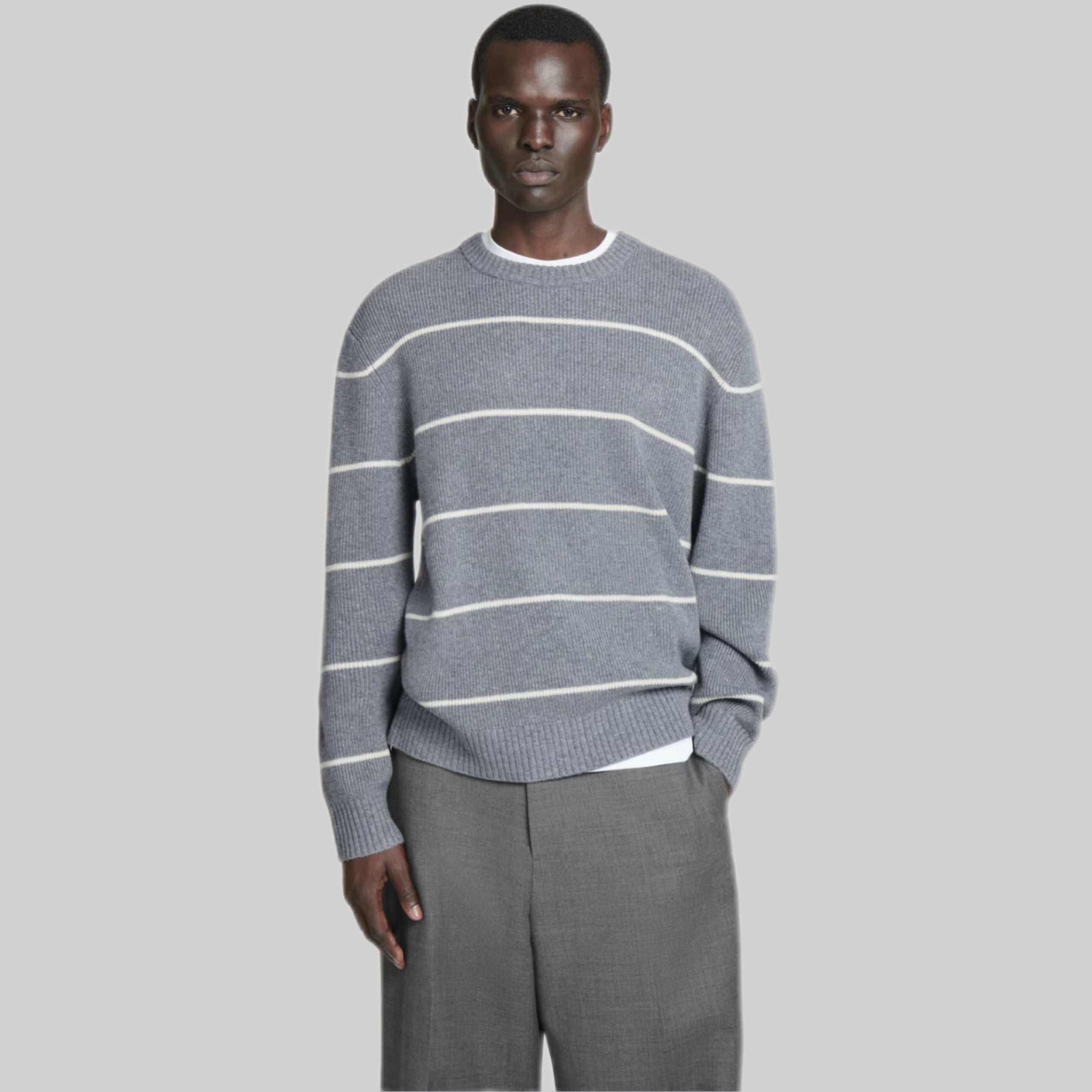 Striped Wool and Yak-Blend Jumper in Dusty Grey