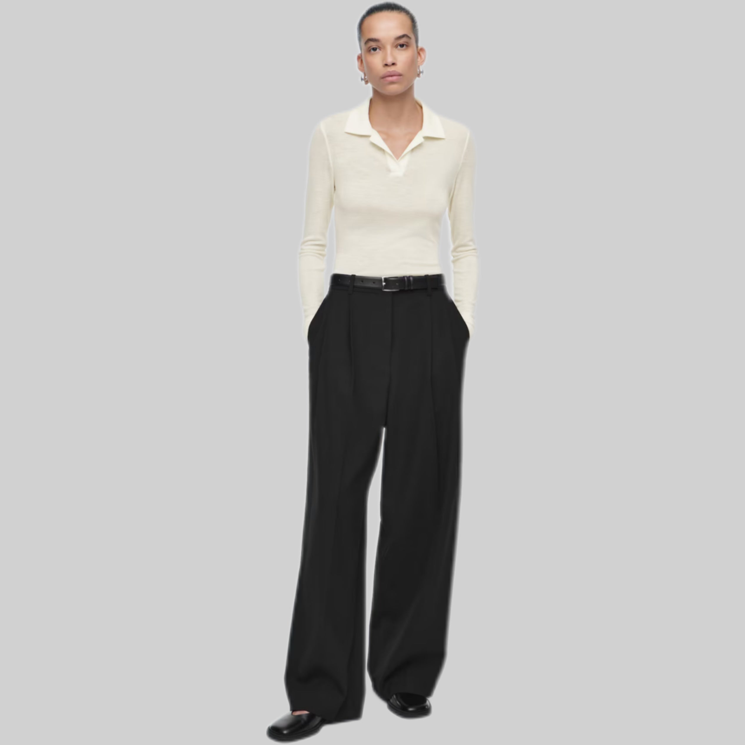 Relaxed Twill Wide-Leg Trousers - Black