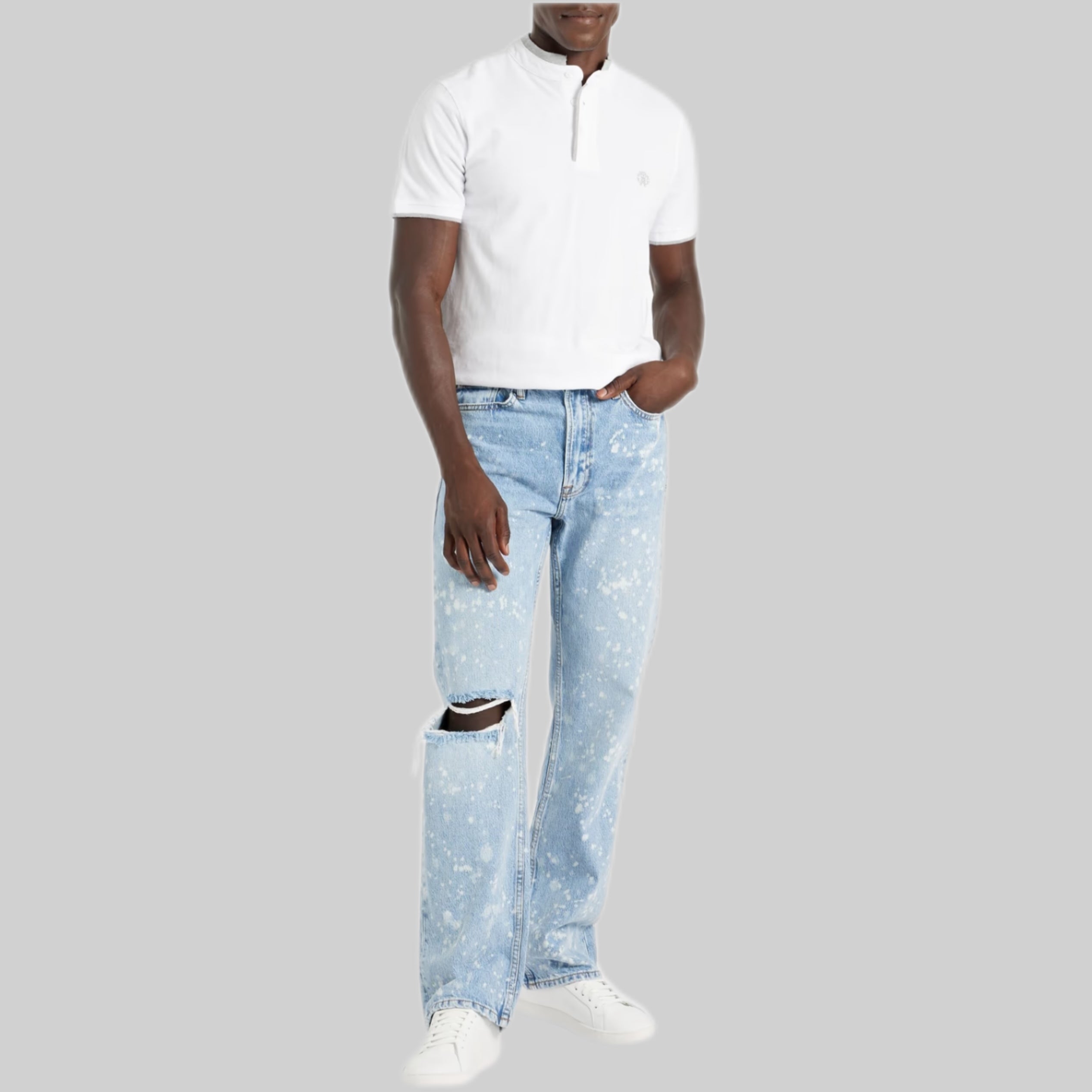 Boxy Bleached Distressed Denim Jeans – Midweight Non-Stretch with Multi Pockets