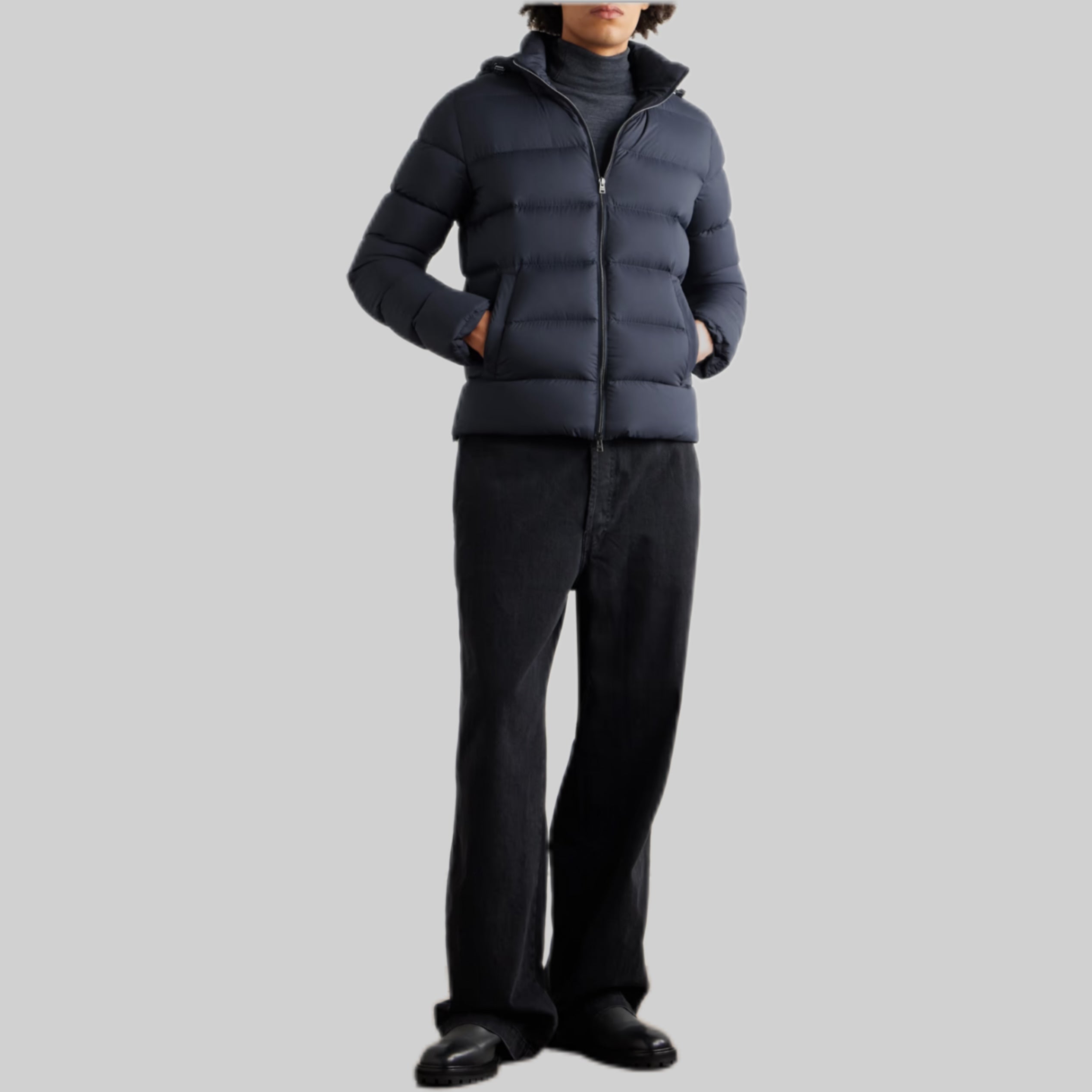 Quilted Shell Hooded Down Jacket - Navy