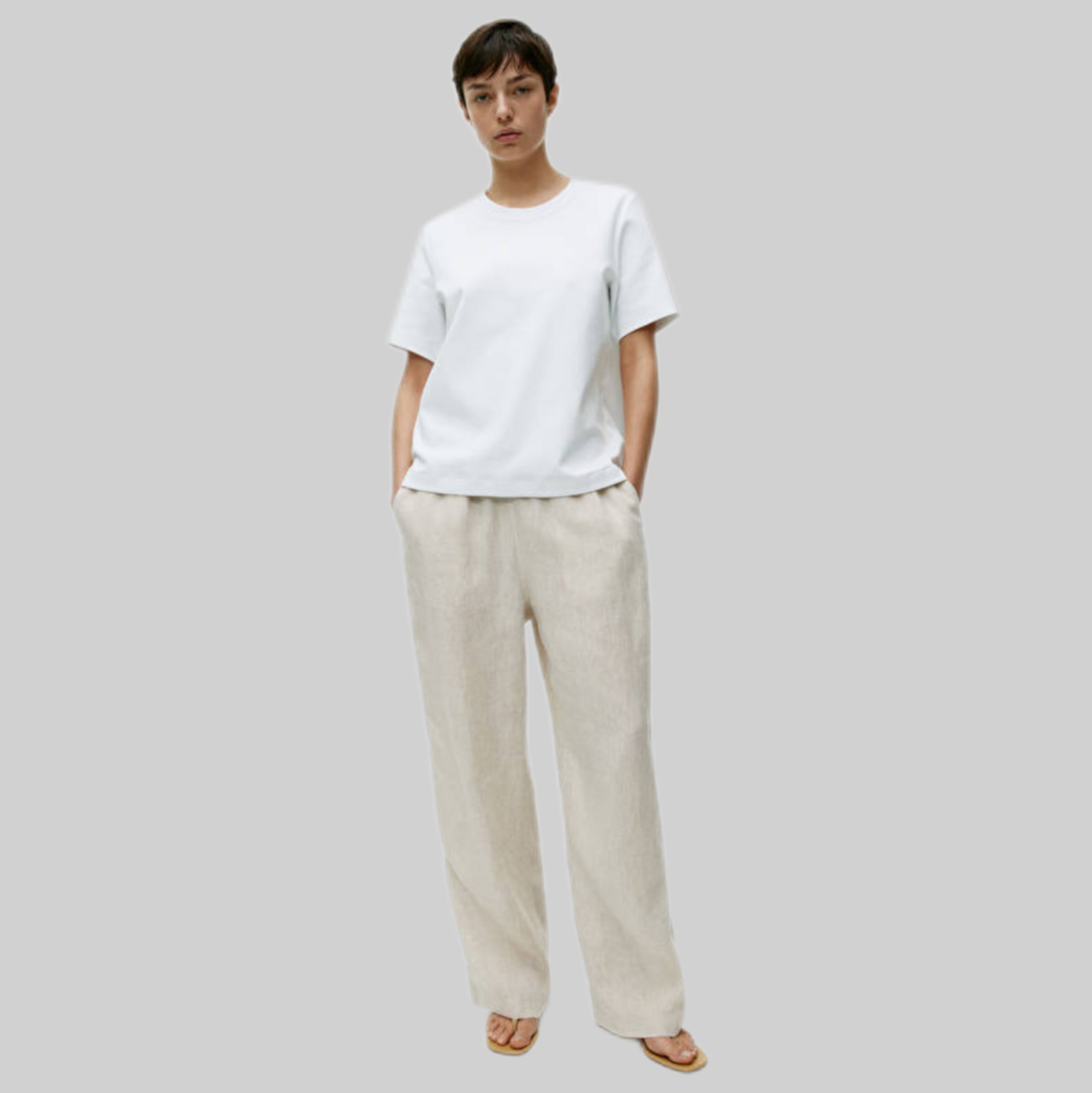 Linen pants for women in White, frontside model