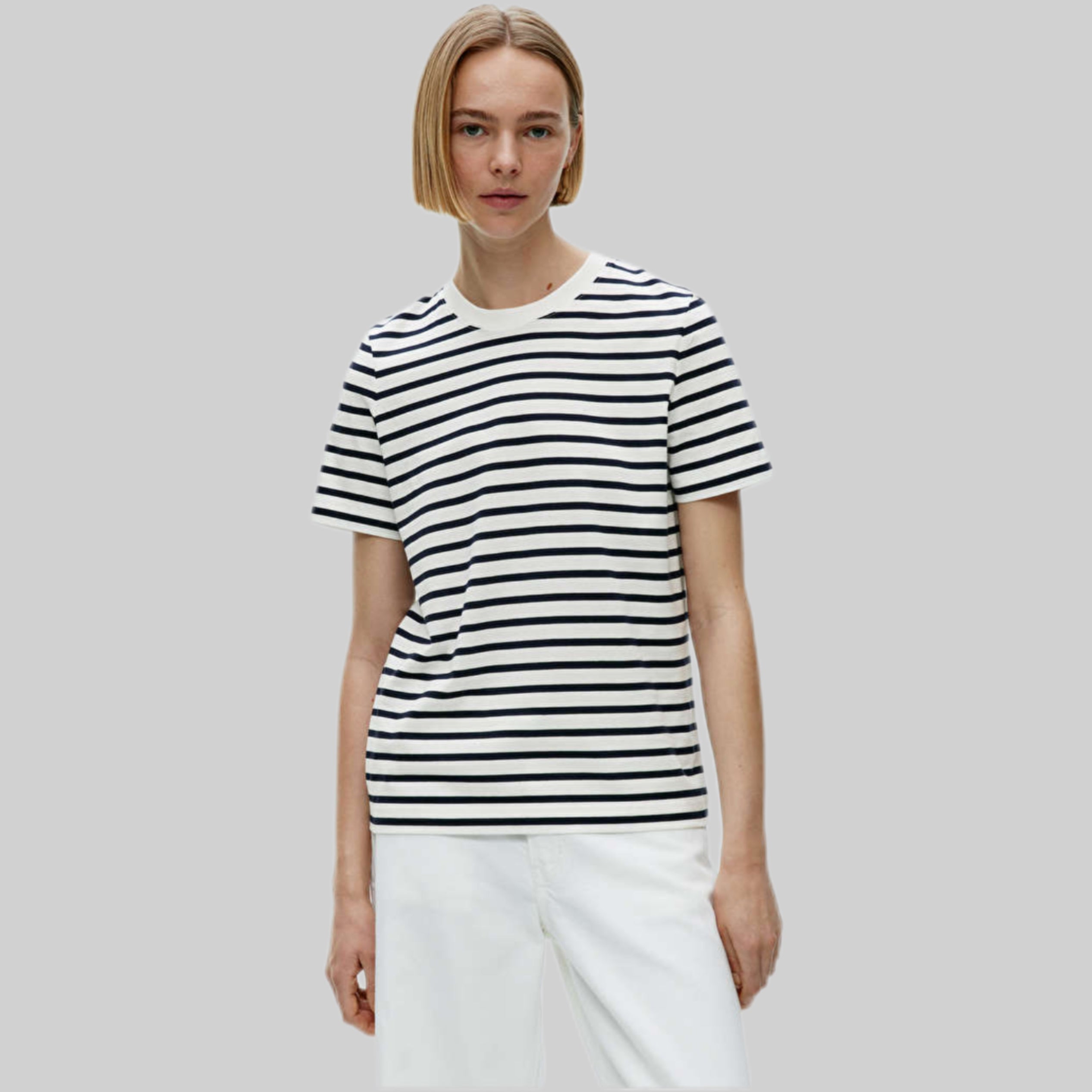 Arket Striped top for women, white and black, frontside model