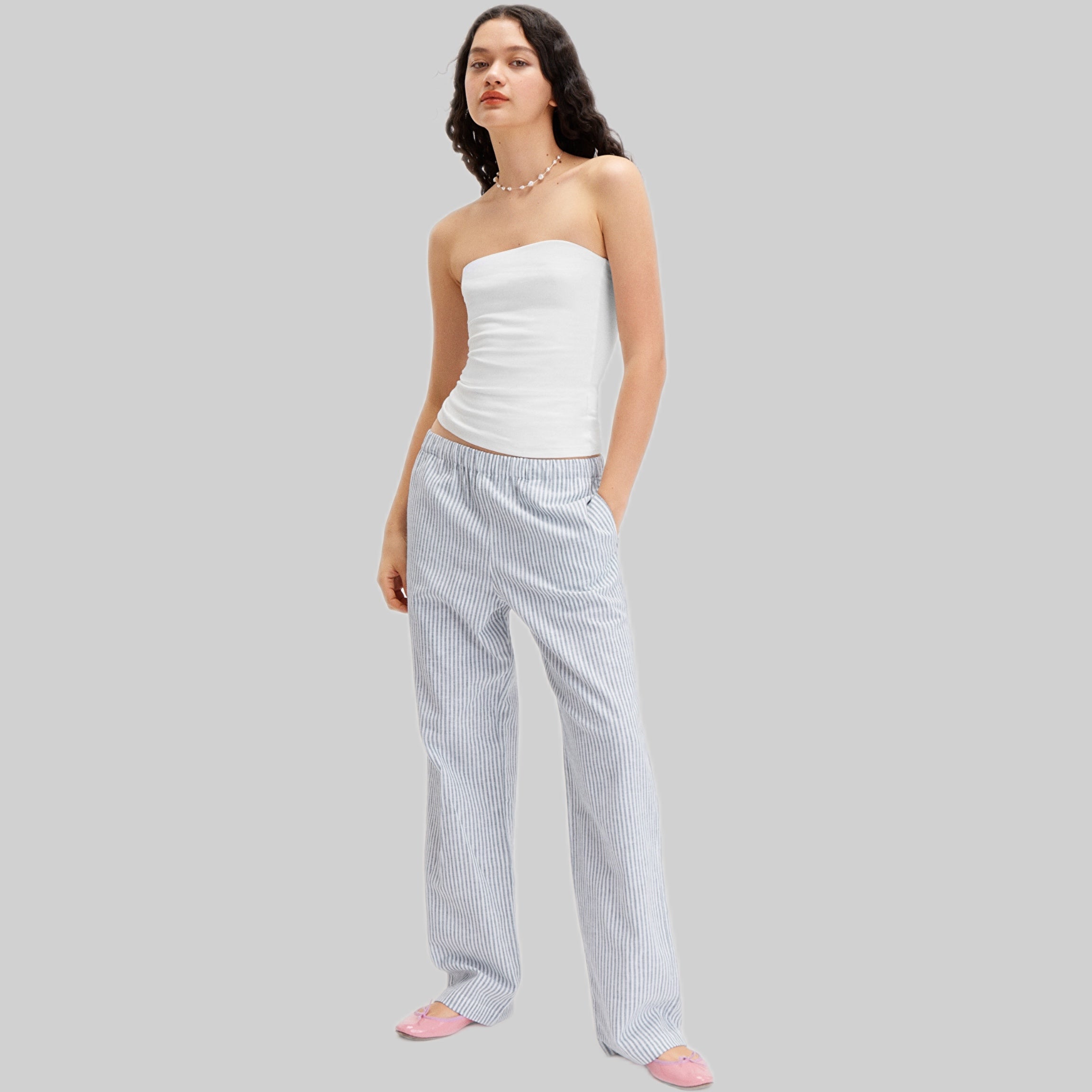 Monki pants, women, striped, frontside, model