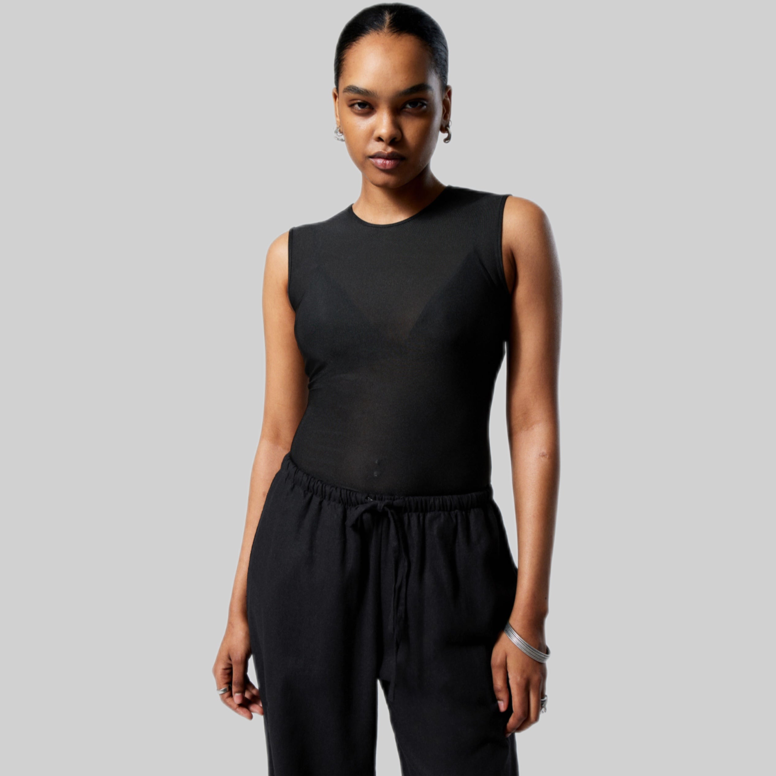 Weekday top, women, black, frontside, model