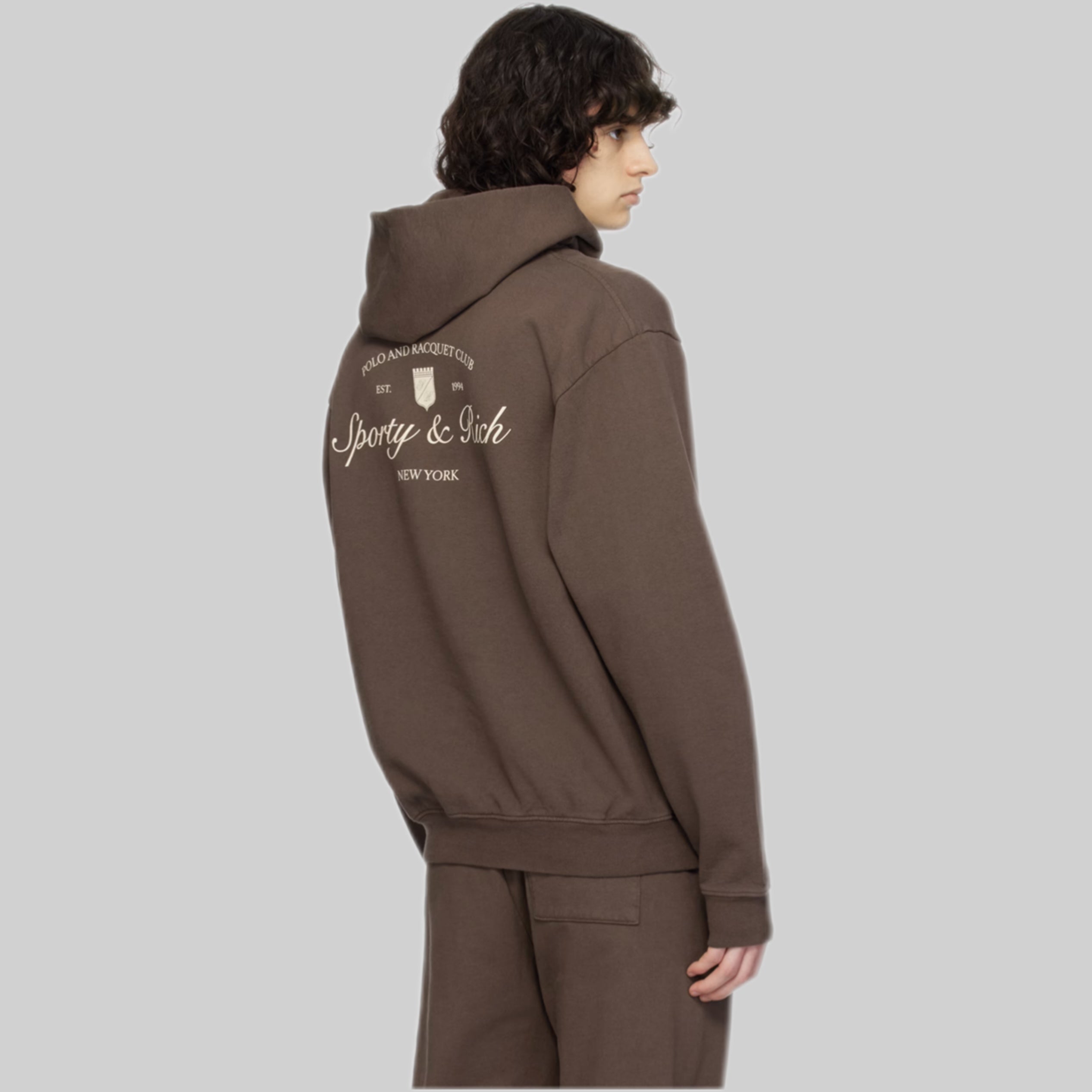 SPORTY & RICH hoodie, men, brown, frontside, model