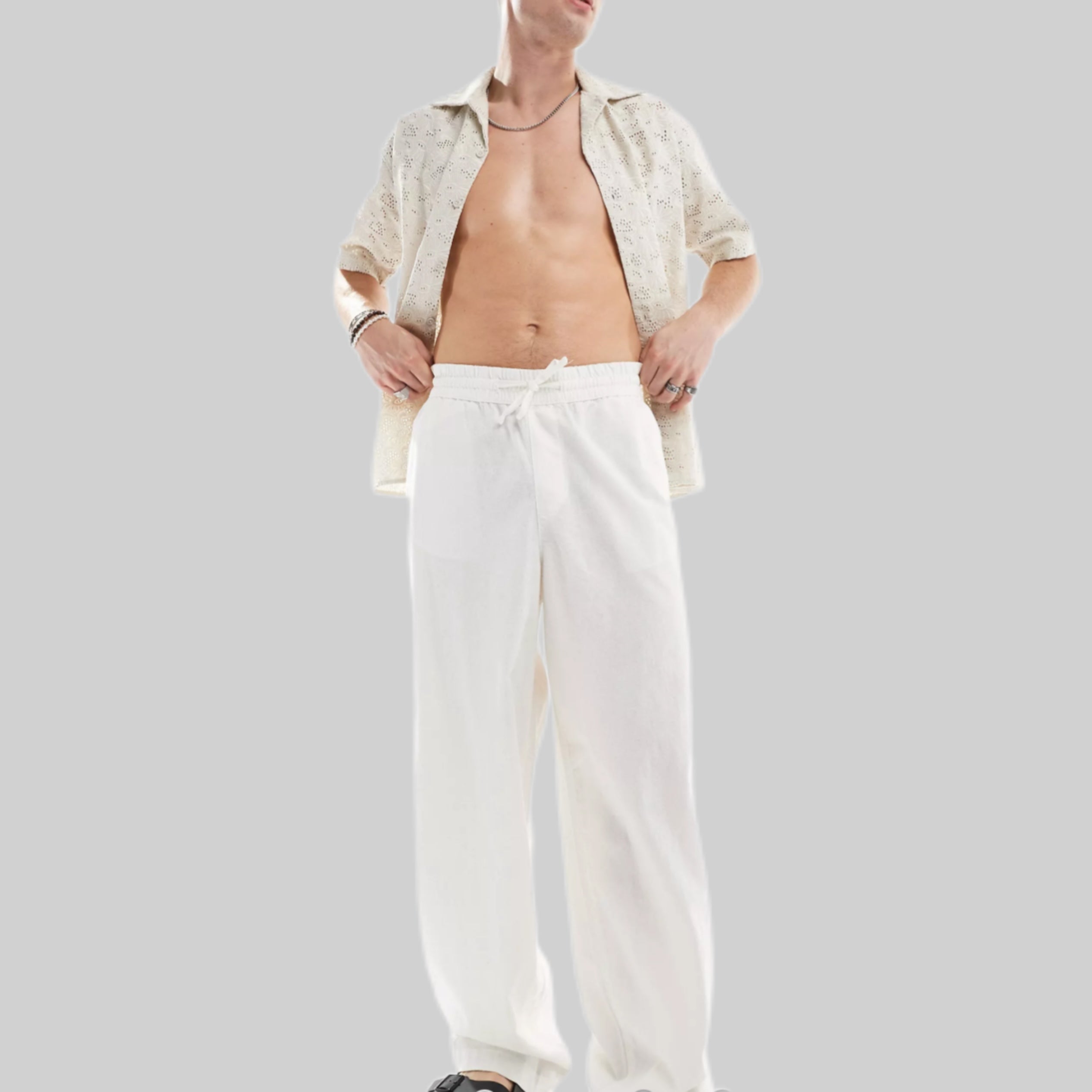 ASOS DESIGN linen pants, men, frontside, white, model