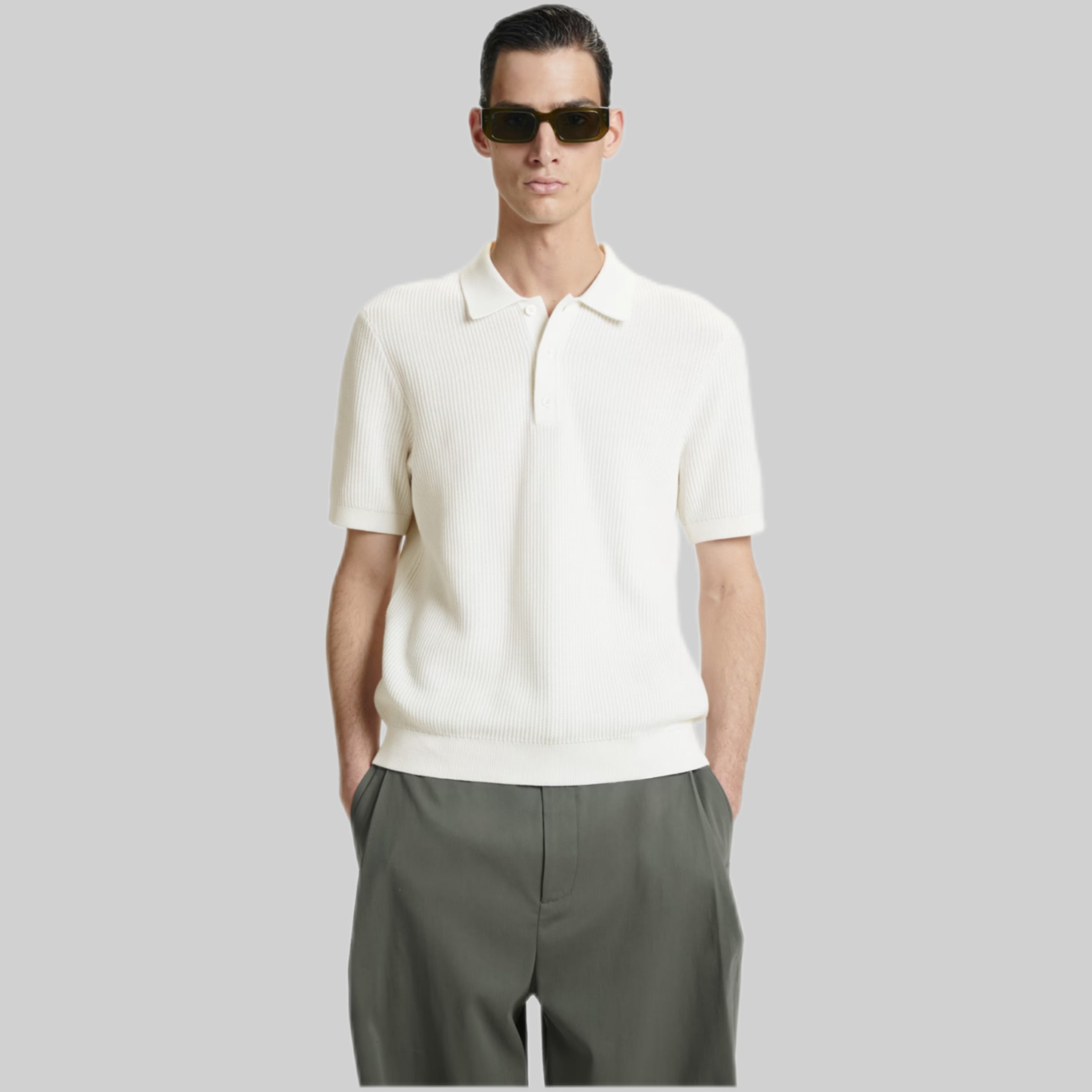 Textured Knitted Polo Shirt - White