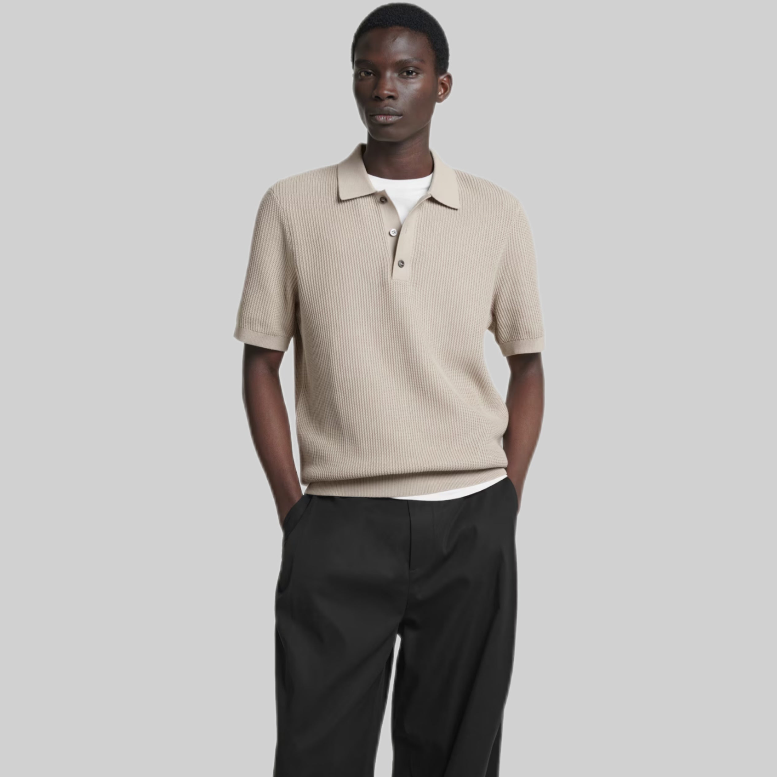 Cos polo shirt, men, frontside, beige, men, model