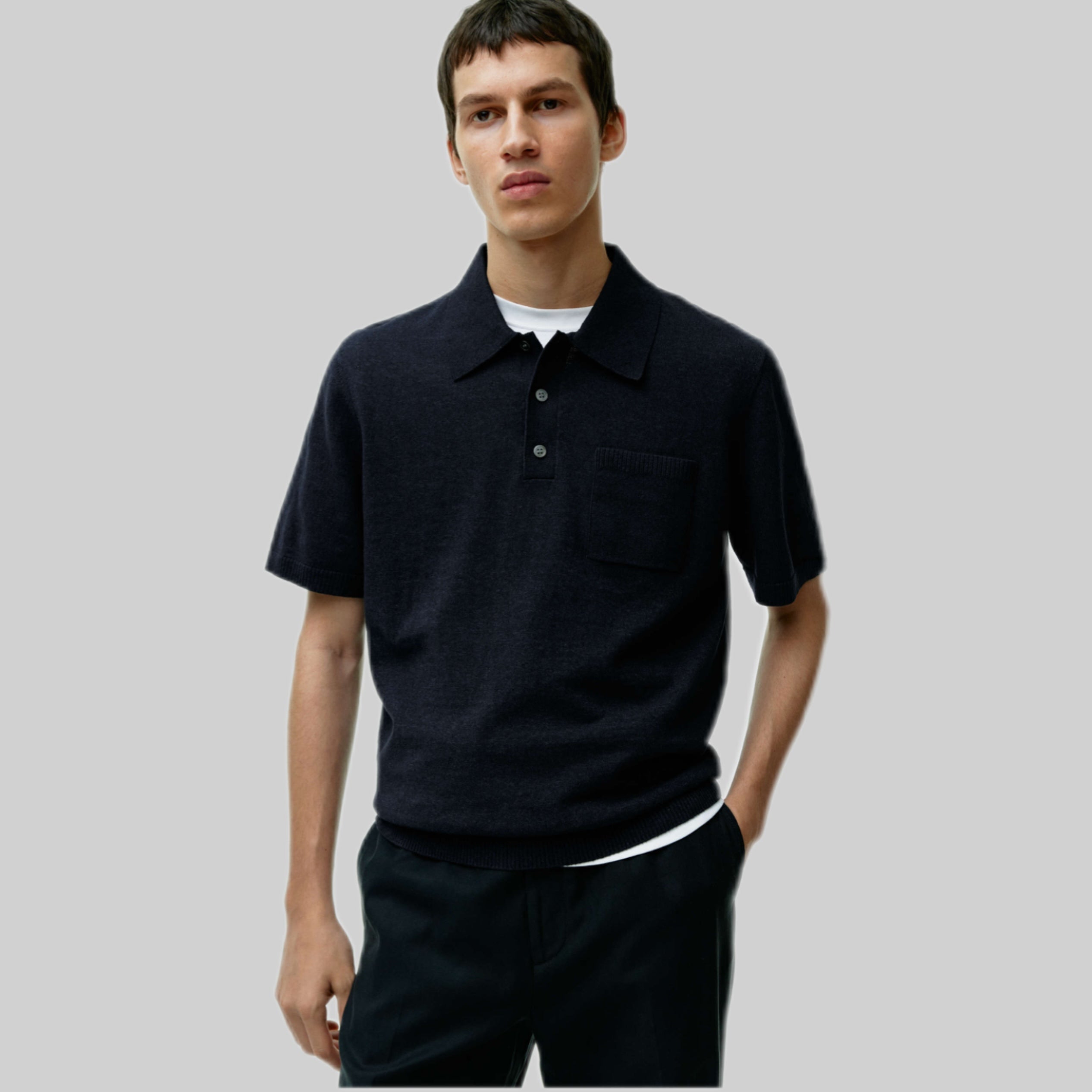 Arket polo shirt, men, blue, frontside, model