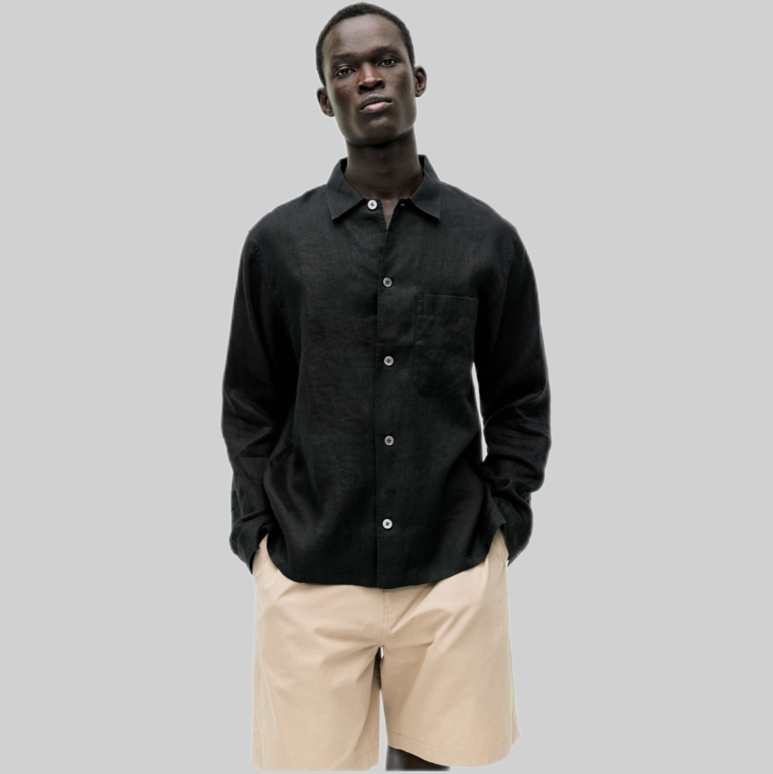 Arket shirt, men, frtonside, black, linen, model