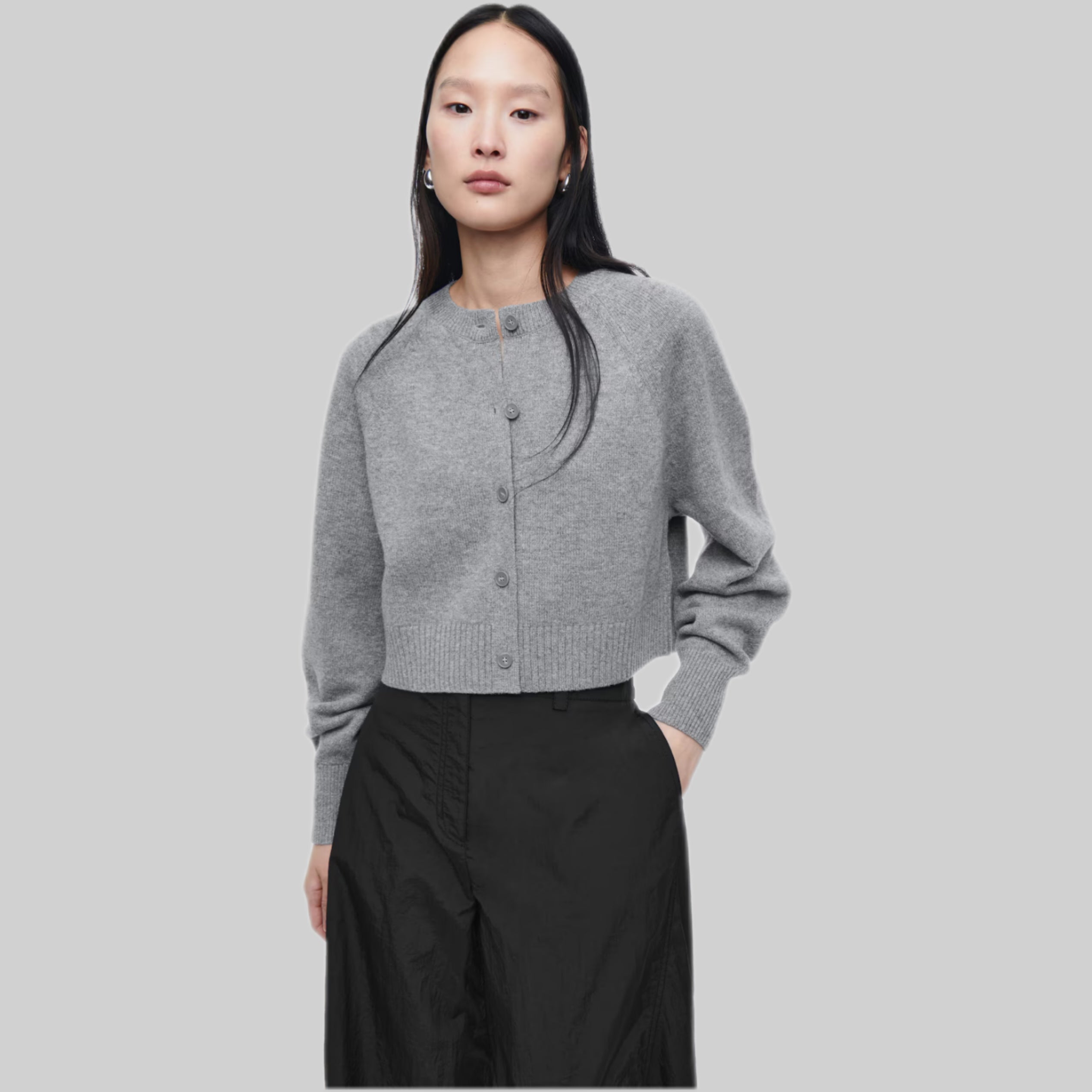 COS Cropped Wool Cardigan – Grey Melange - frontside, model