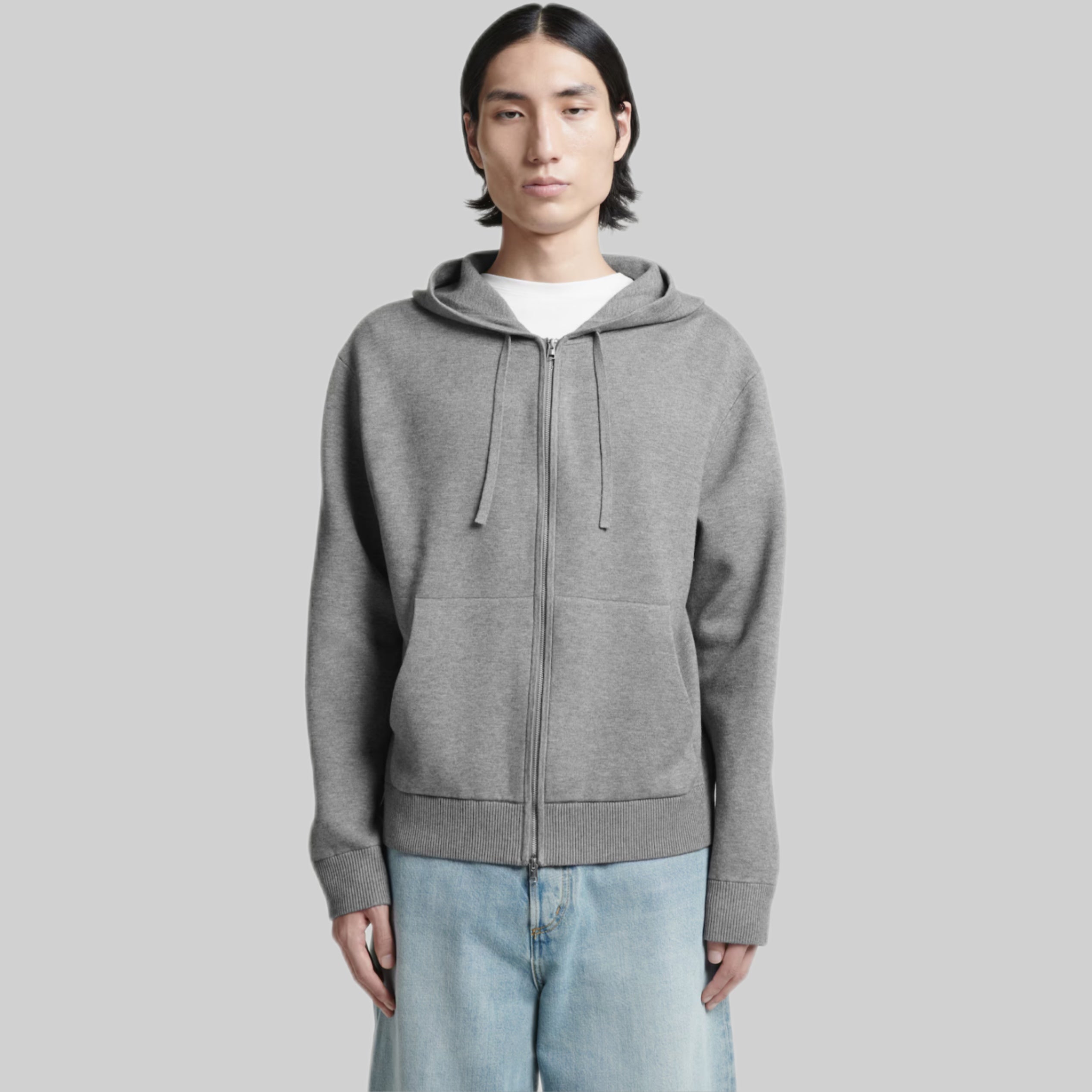 COS Knitted Zip-Up Hoodie Grey Mélange, Male Model, Front