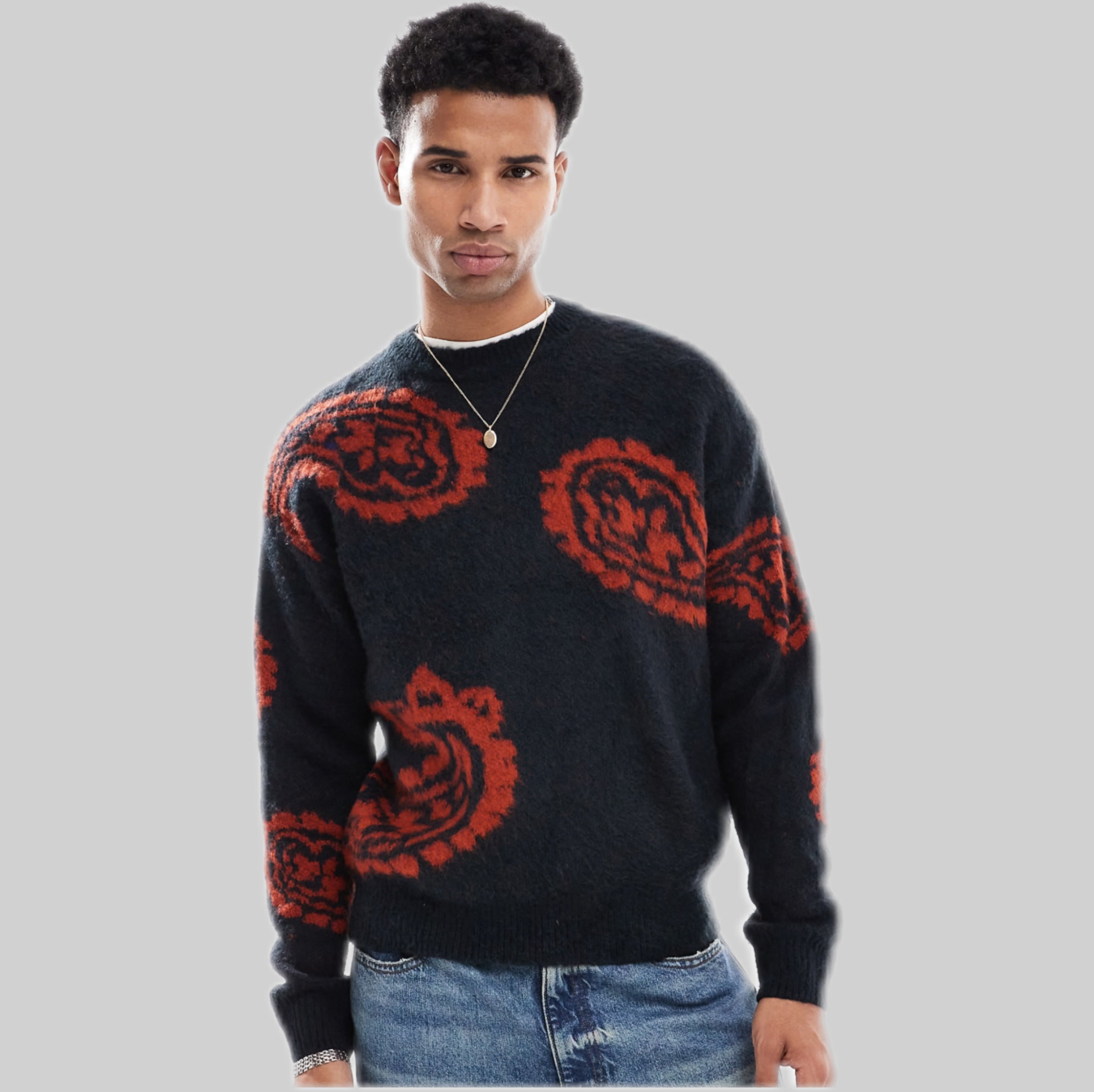 Navy Paisley Knit Jumper with Brushed Finish