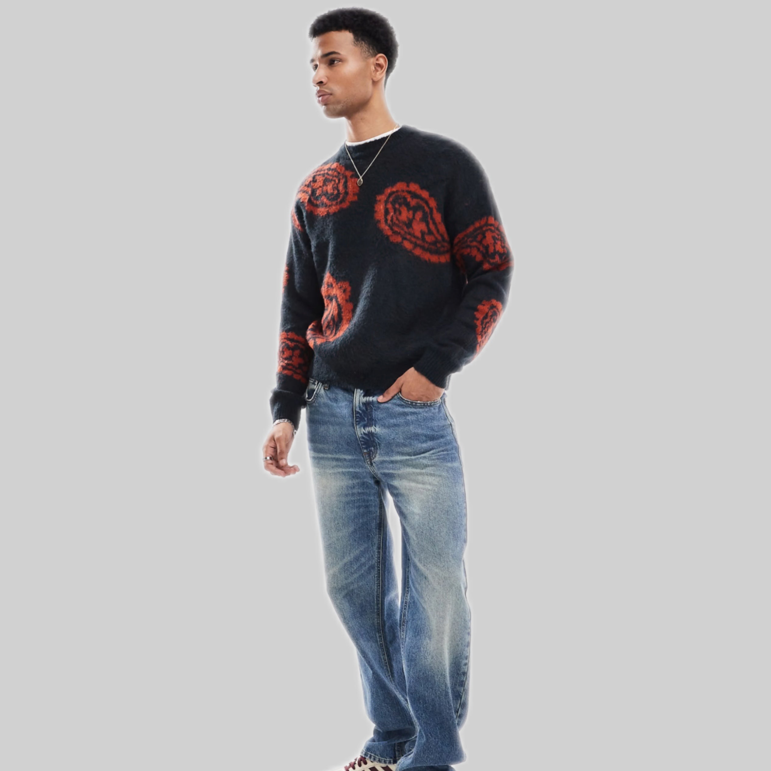 Navy Paisley Knit Jumper with Brushed Finish