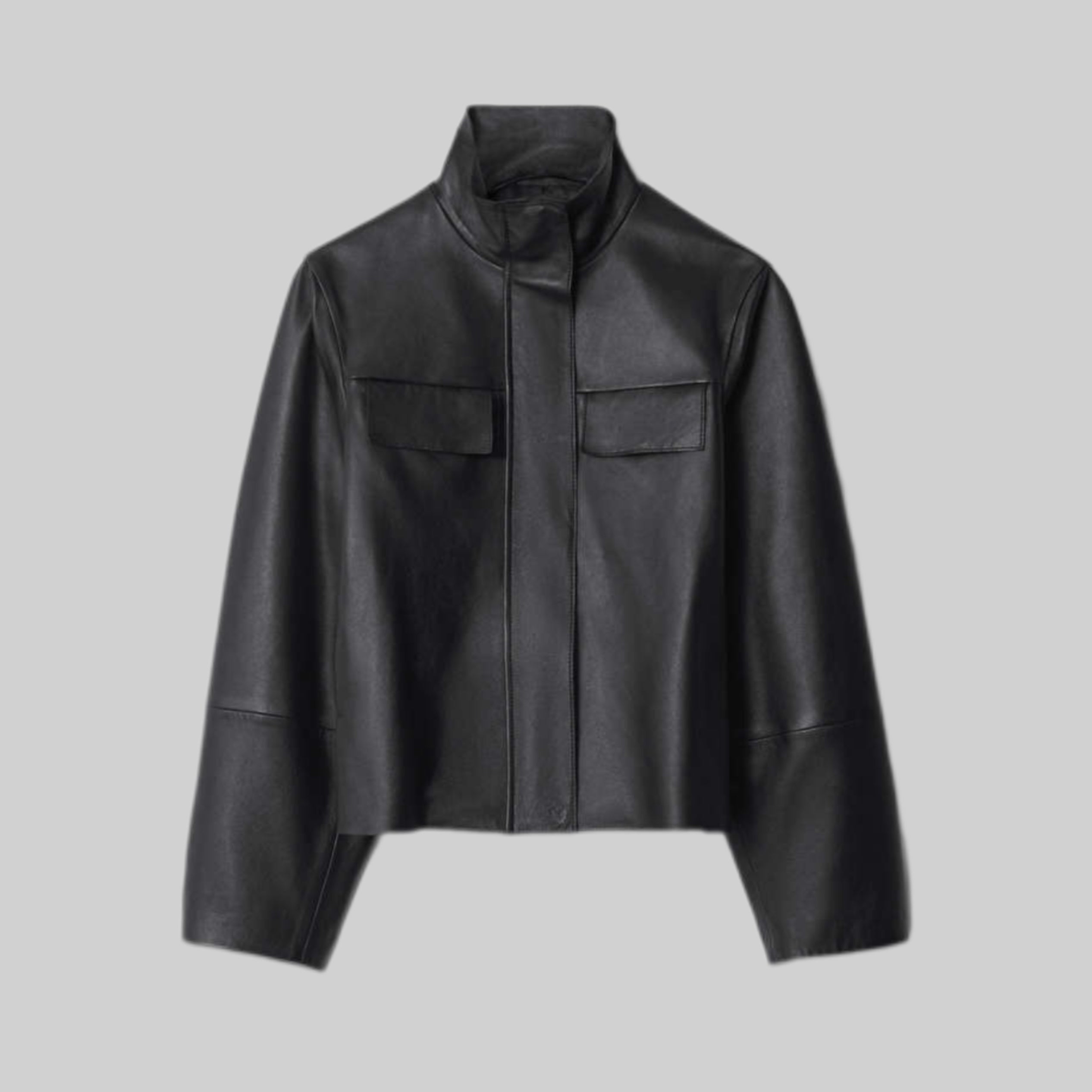 Flap-Pocket Leather Jacket - Black