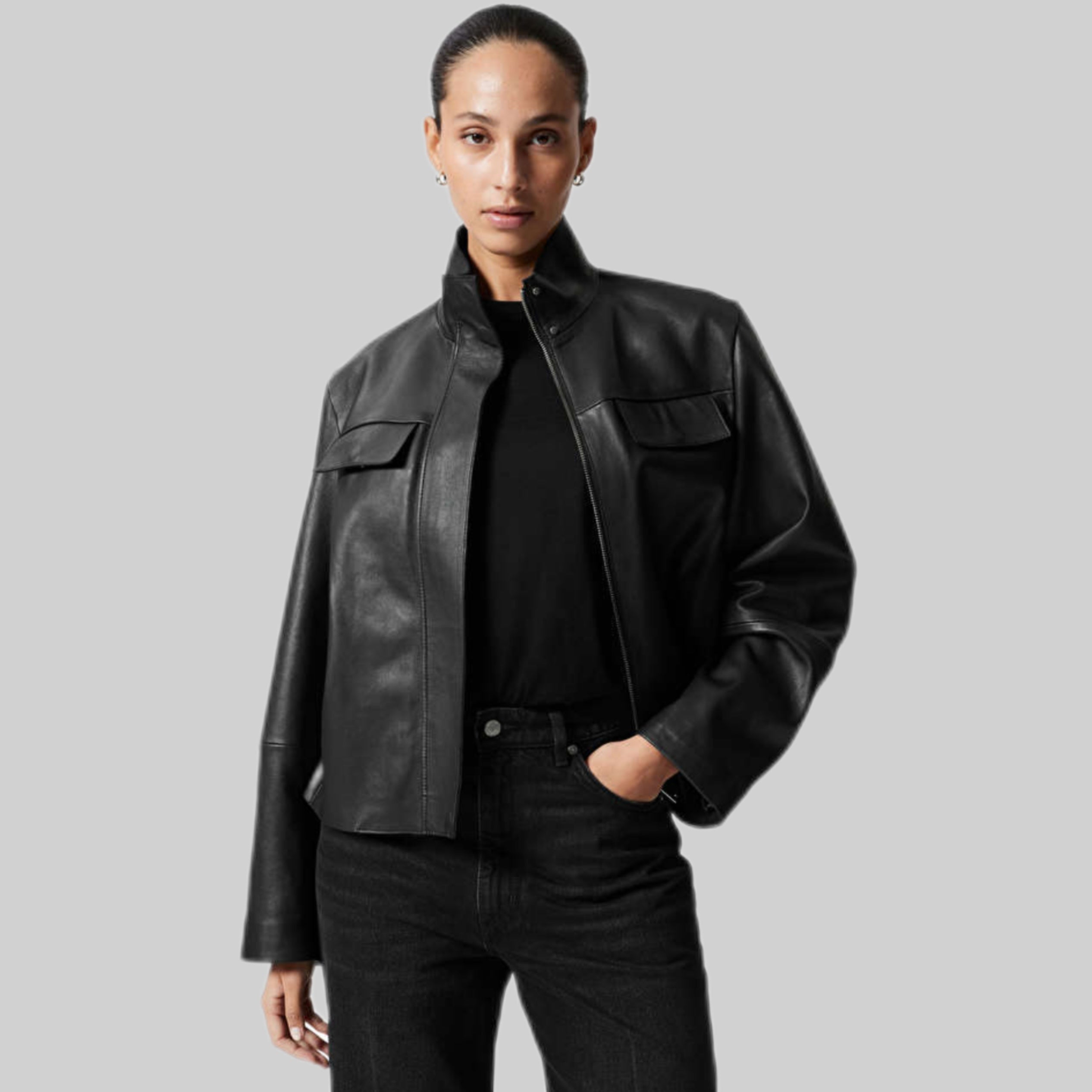 Flap-Pocket Leather Jacket - Black