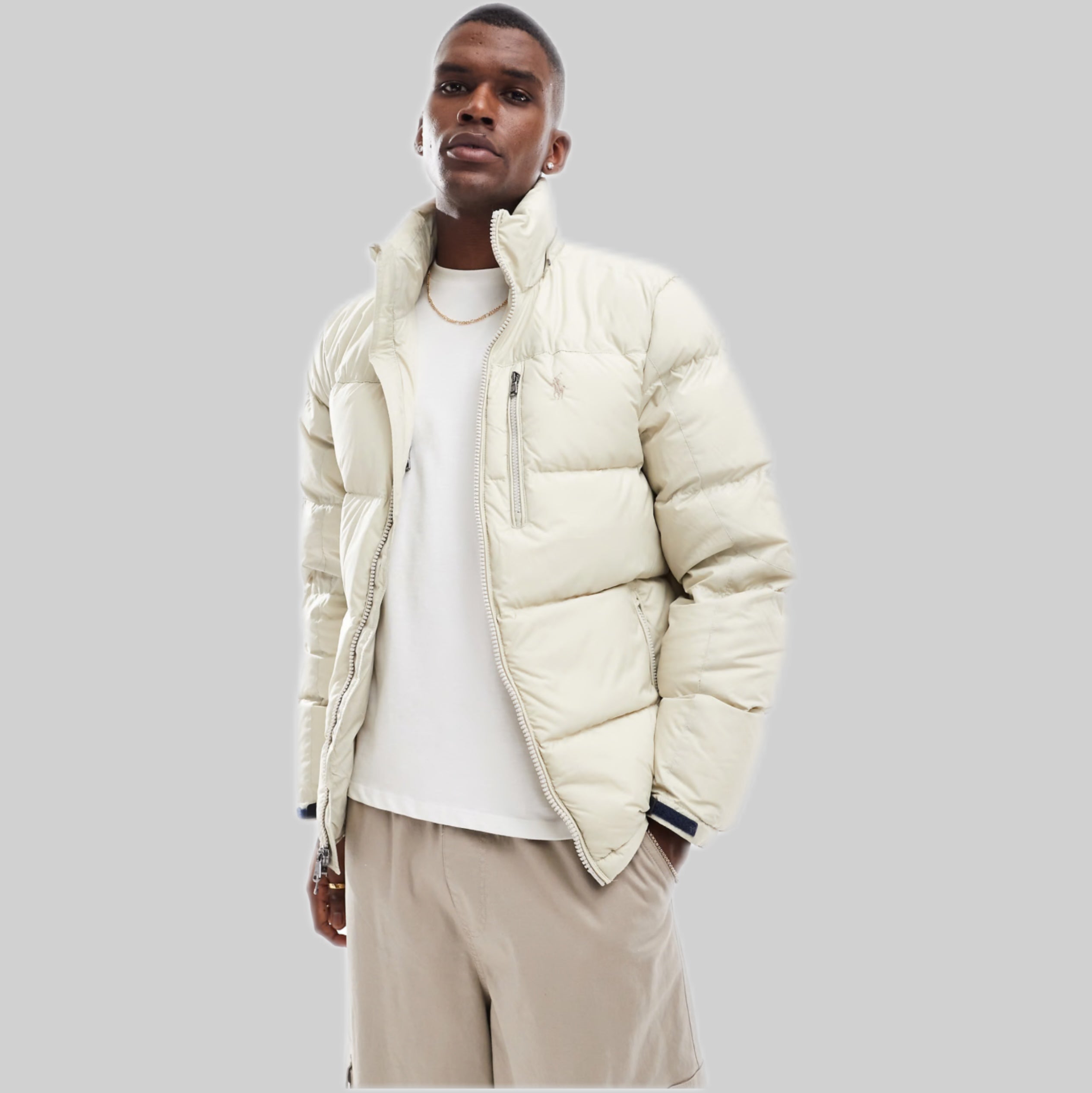 Icon Logo Detachable Hood Down Puffer Jacket in Beige