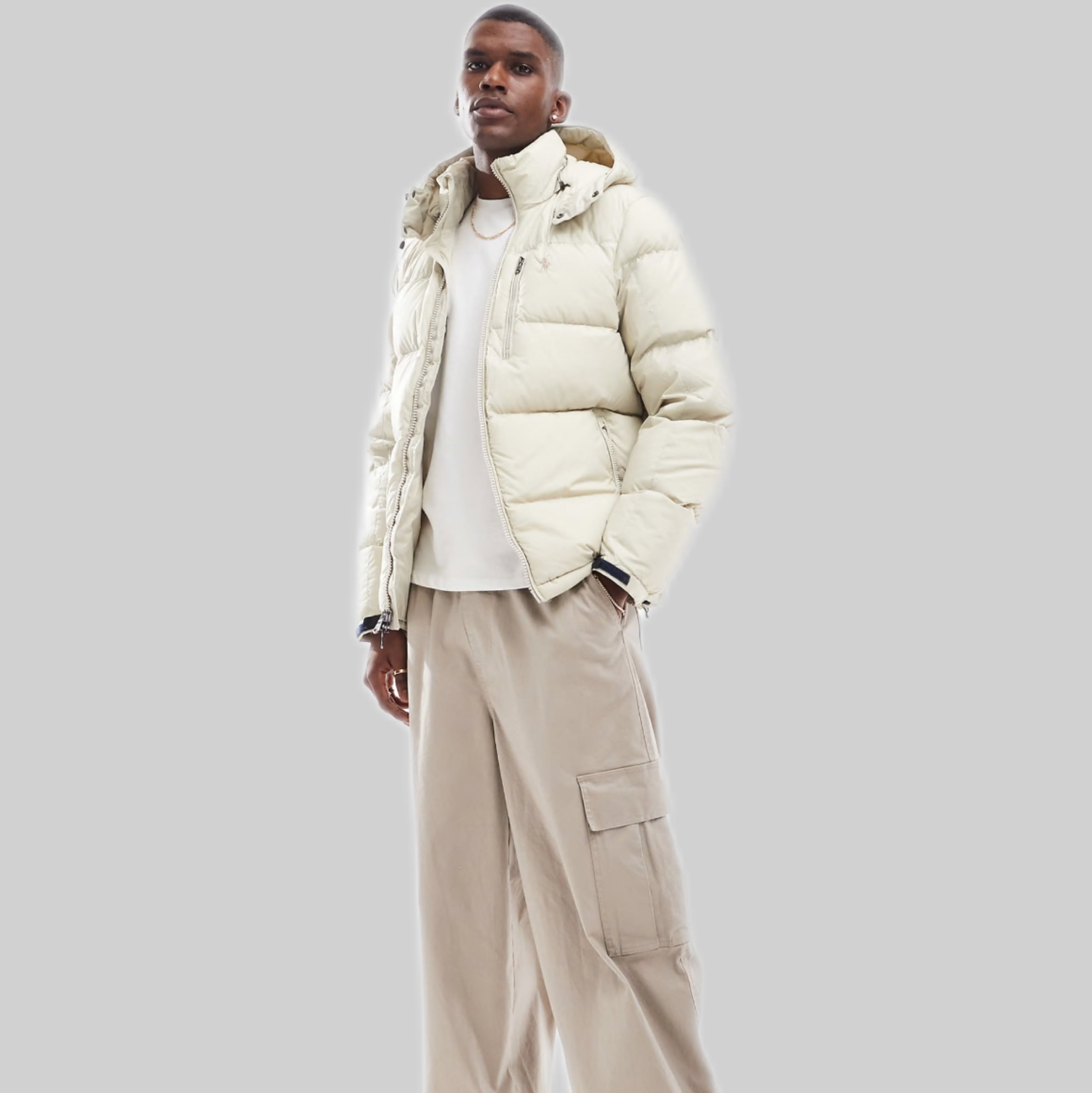 Icon Logo Detachable Hood Down Puffer Jacket in Beige