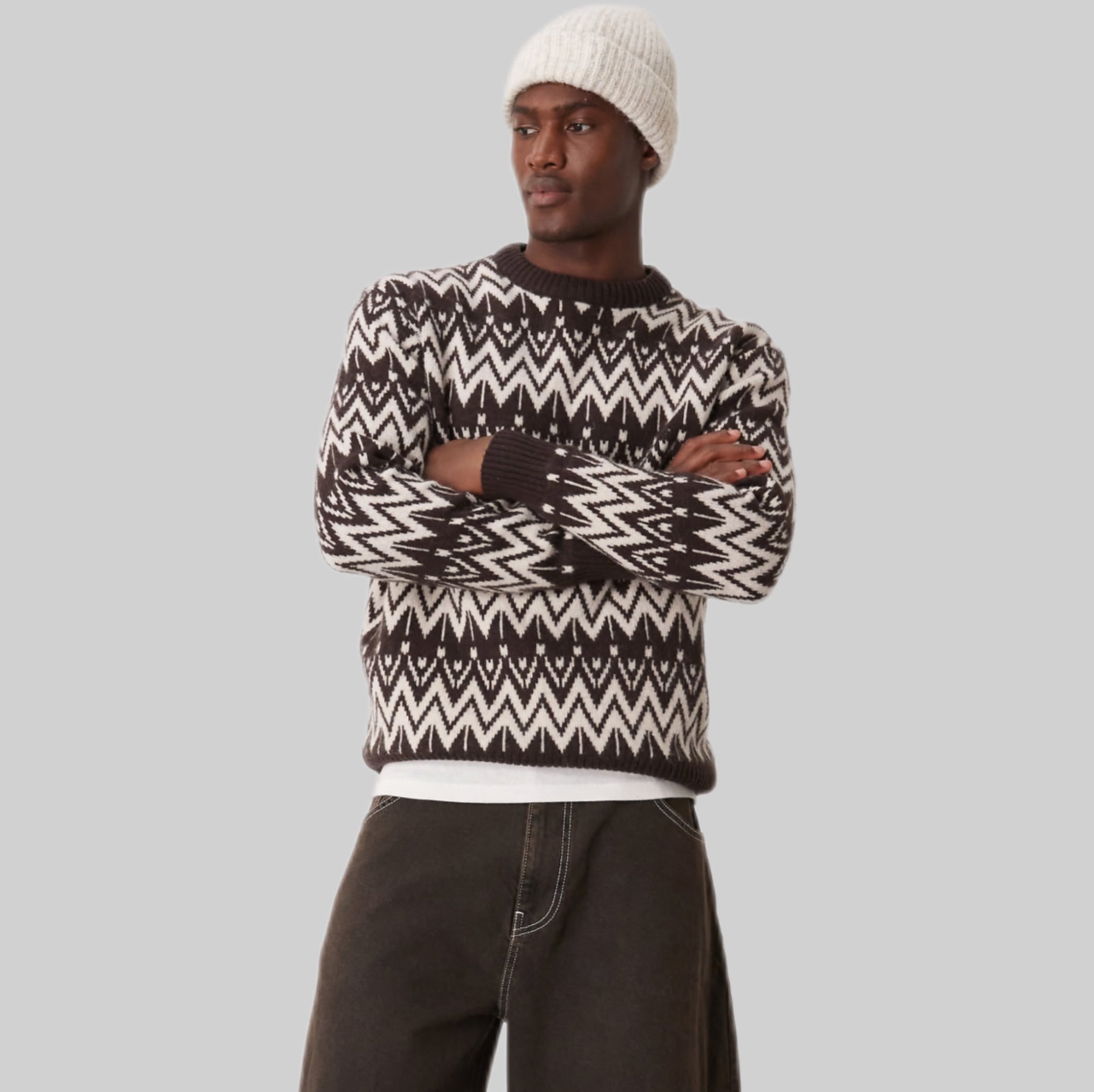 CREAM AND BROWN PATTERNED KNIT SWEATER - SELECTED HOMME