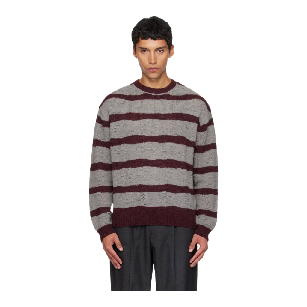 Gray & Burgundy Hairy Stripe Knit Sweater