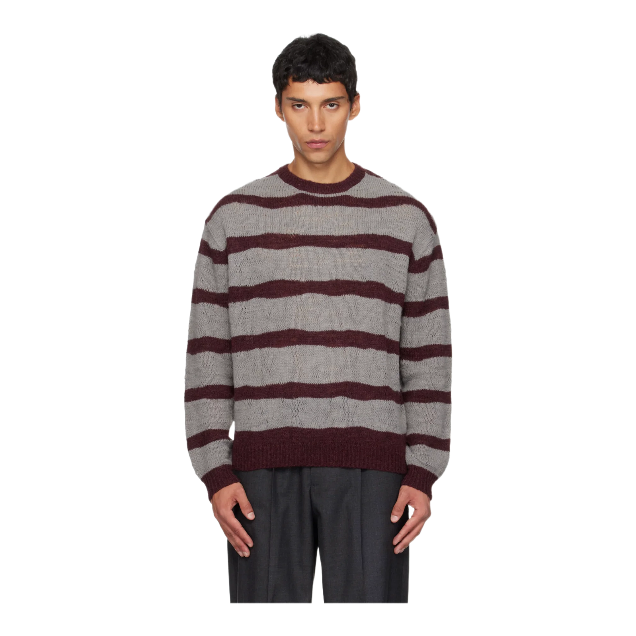 Gray & Burgundy Hairy Stripe Knit Sweater