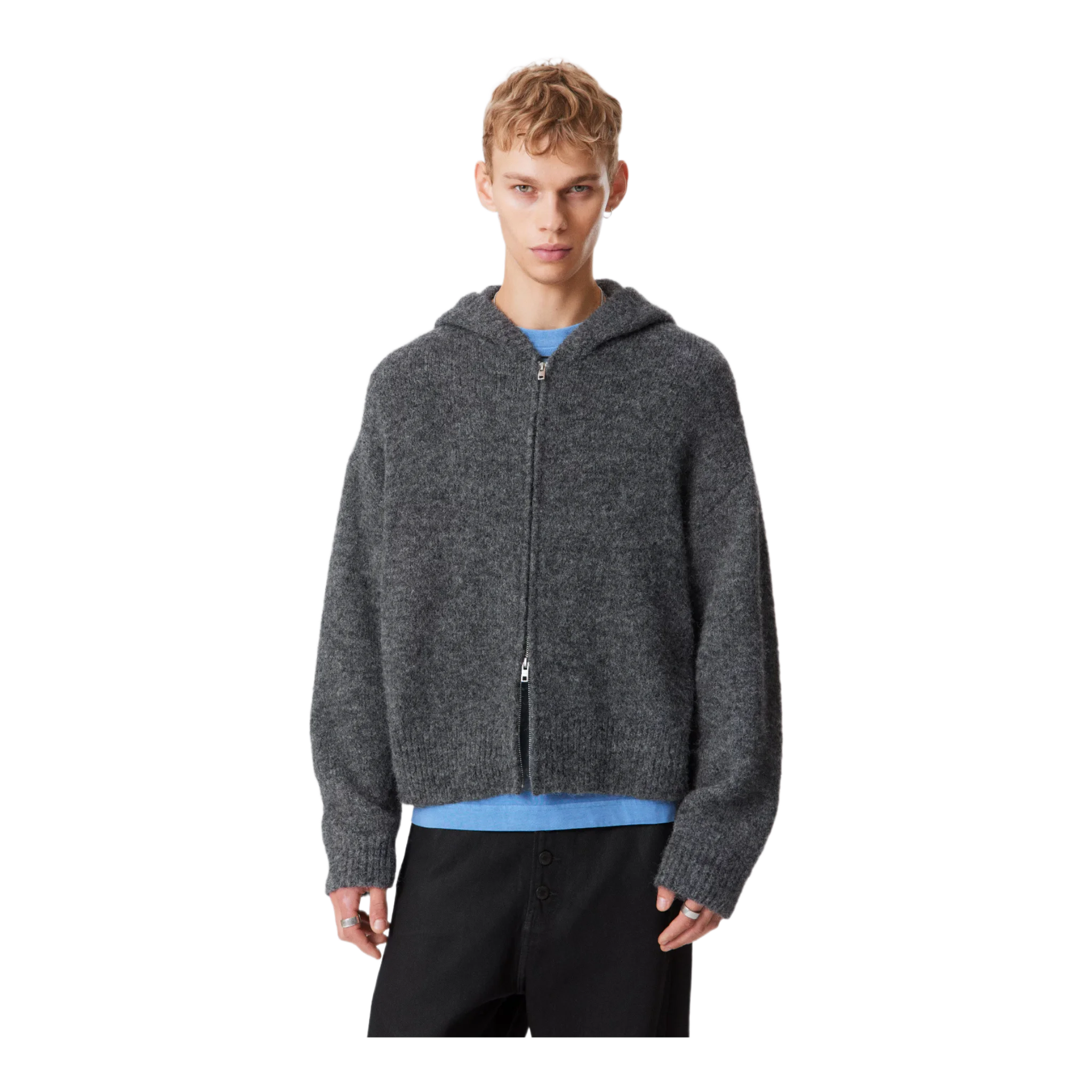 KNITTED BOXY WOOL-BLEND ZIP HOODIE