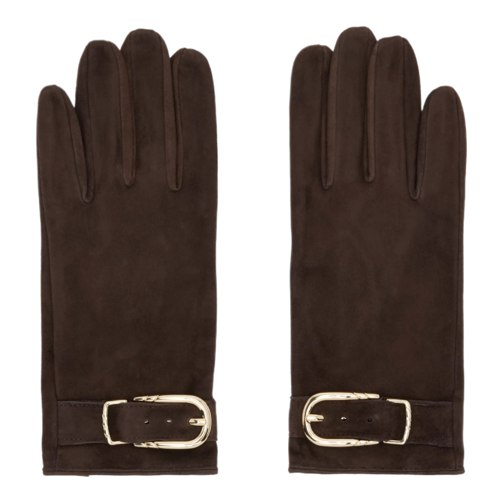 Brown Buckle Appliqué Leather Gloves