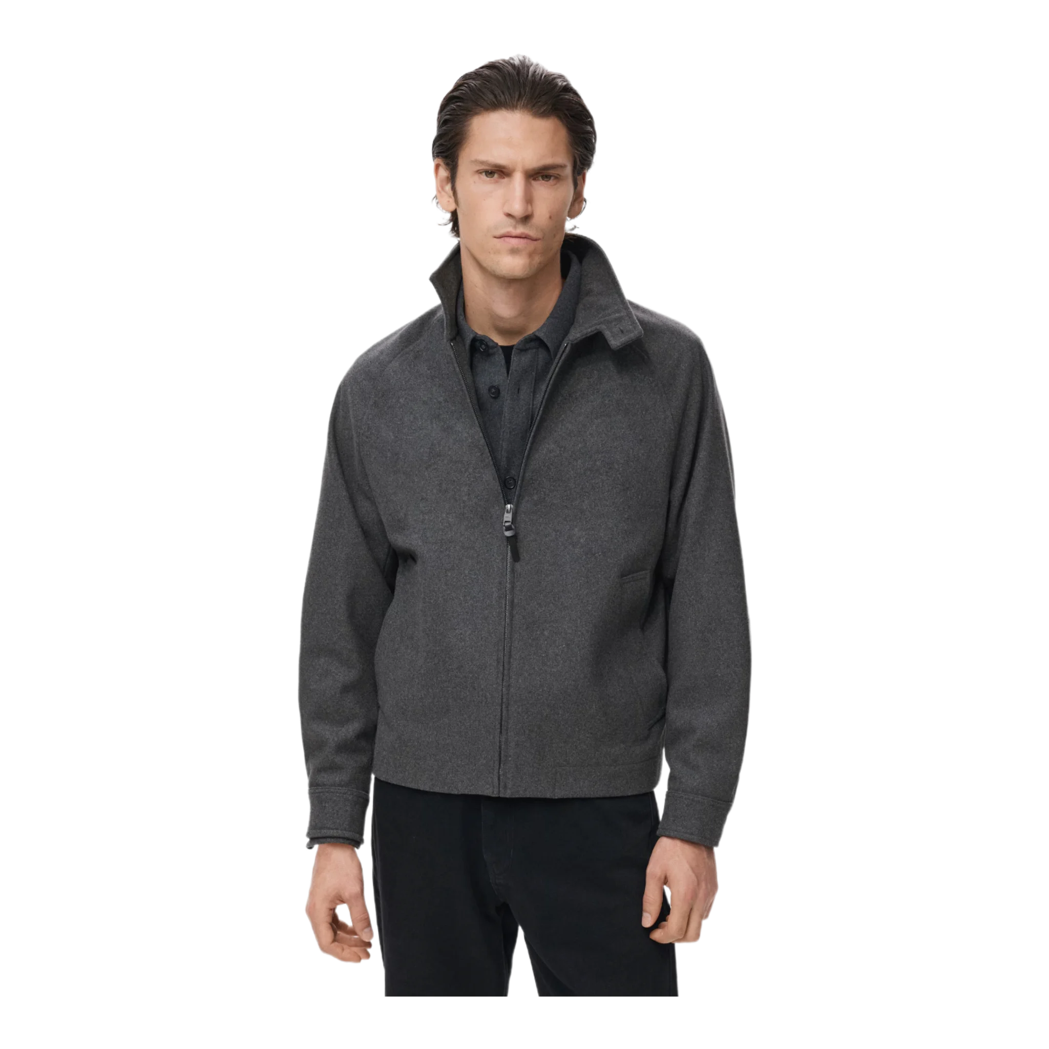 wool mix zip through jacket in dark grey