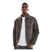 cropped faux suede harrington jacket in dark grey