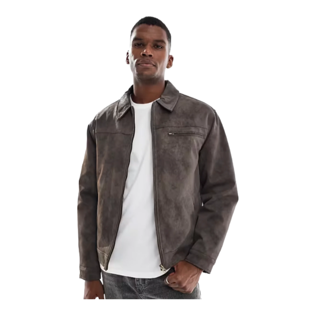 cropped faux suede harrington jacket in dark grey