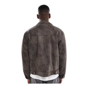 cropped faux suede harrington jacket in dark grey