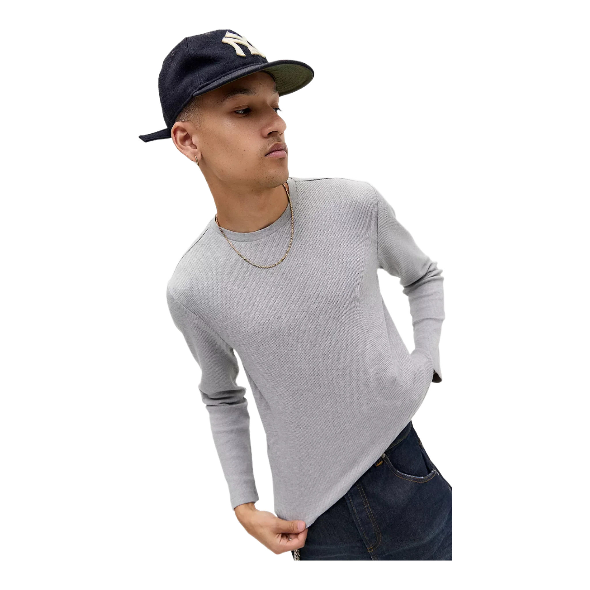 Grey Plain Long Sleeve Waffle T-Shirt