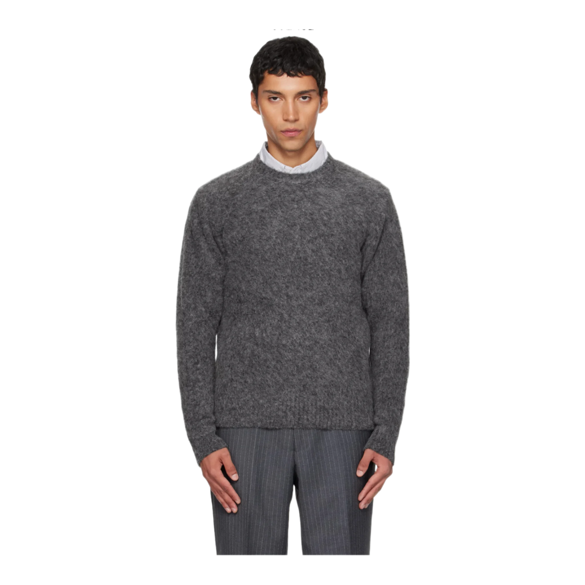 Gray Hairy Alpaca-Blend Crewneck Sweater