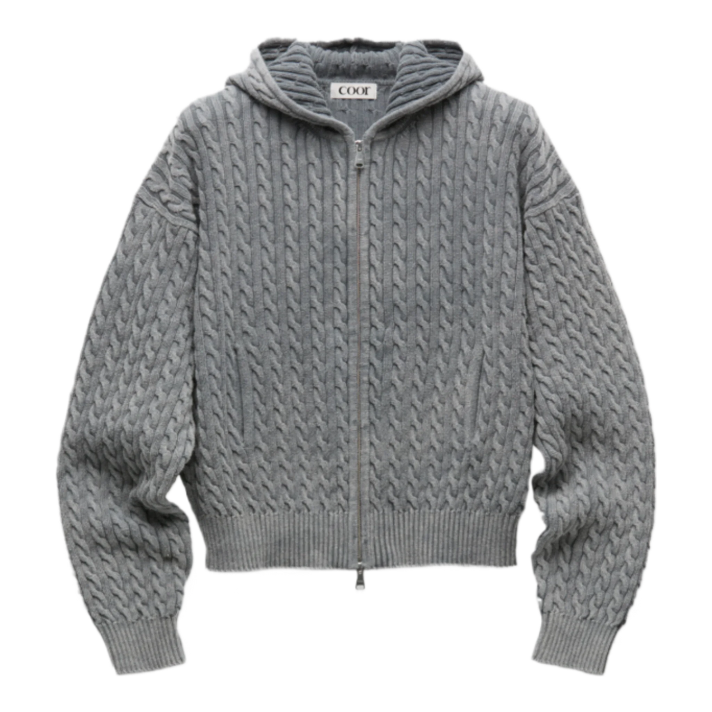 Gray Cotton Piece Dyed Cable Zip-Up Hoodie
