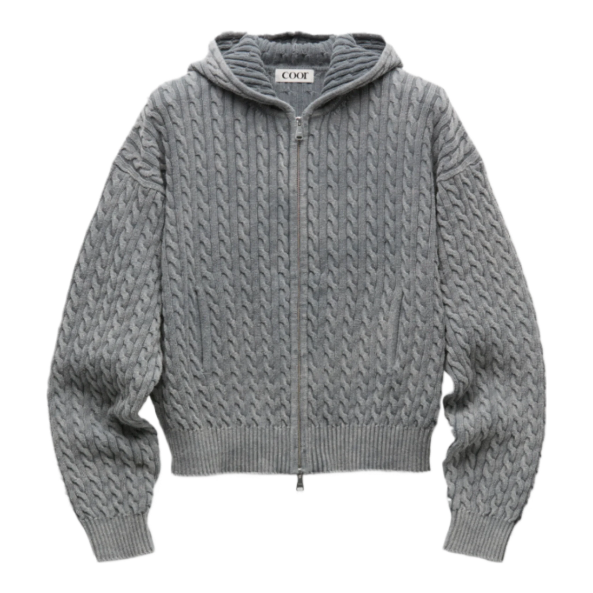 Gray Cotton Piece Dyed Cable Zip-Up Hoodie