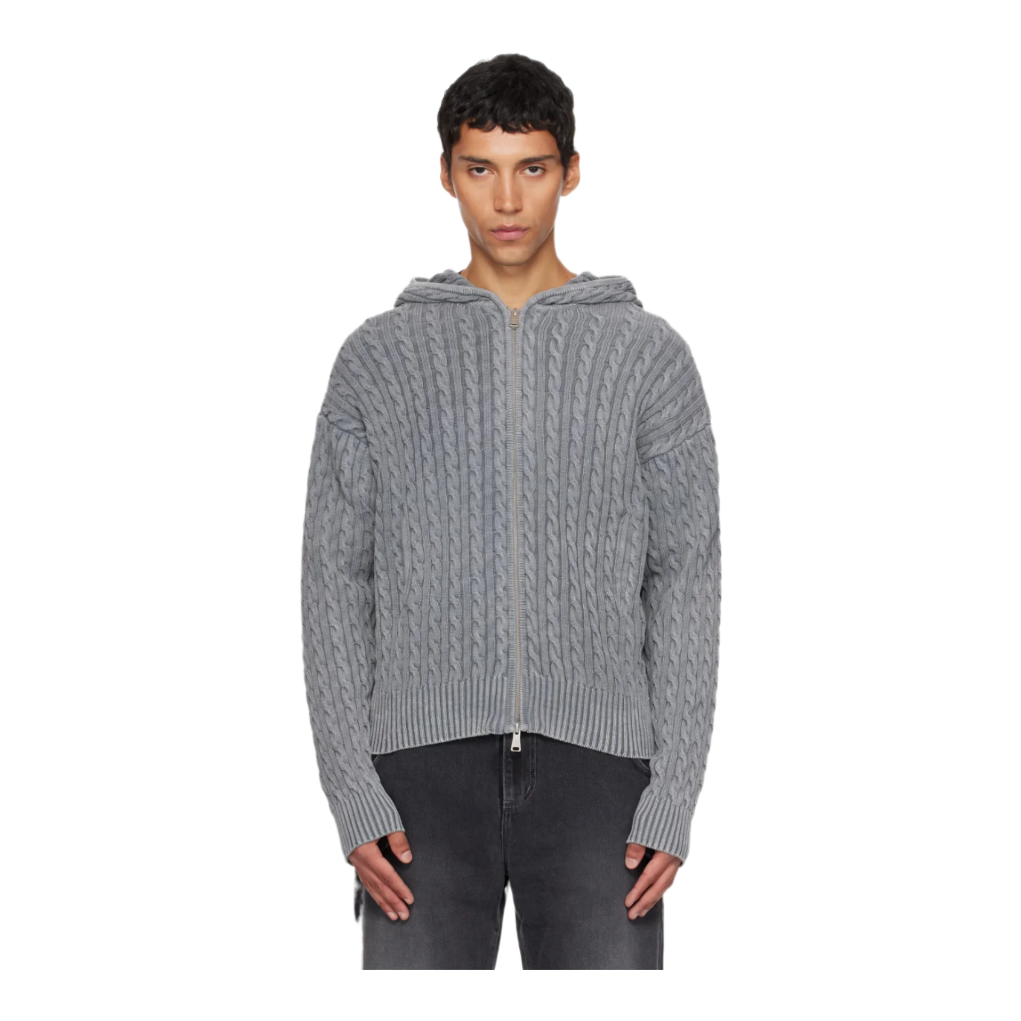 Gray Cotton Piece Dyed Cable Zip-Up Hoodie