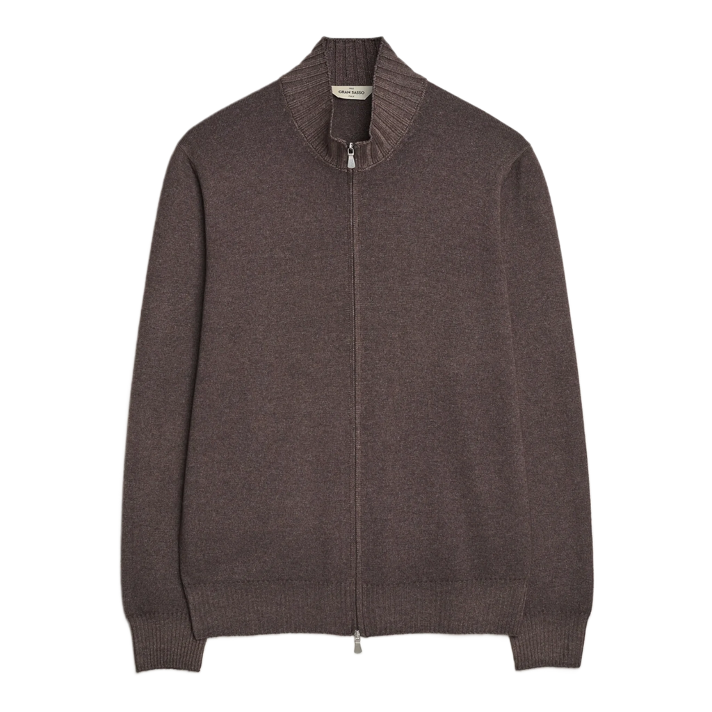 Wool/Cashmere Washed Full Zip Brown Melange