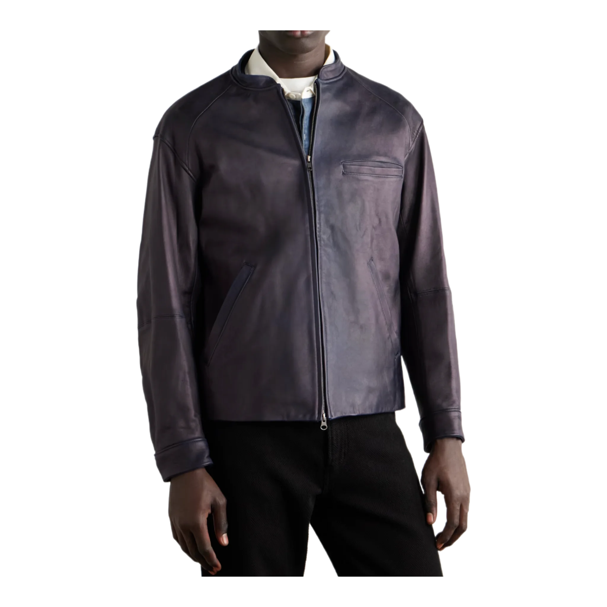 Indigo-Dyed Leather Biker Jacket