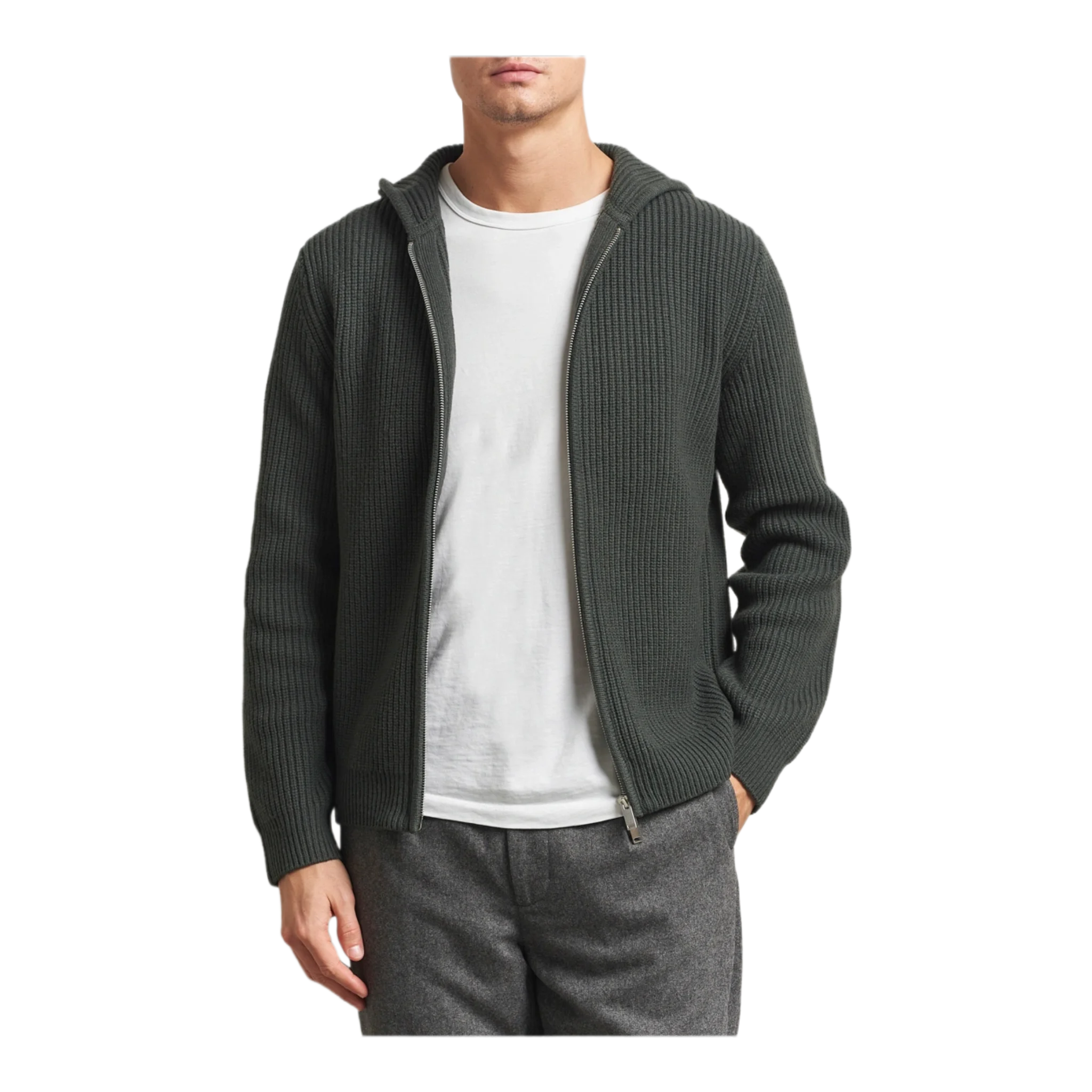 Isak Heavy Knitted Full Zip Hoodie Dark Evergreen