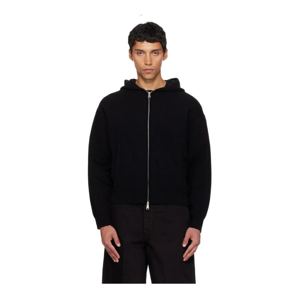 Black Double Face Wool Blend Zip-Up Hoodie