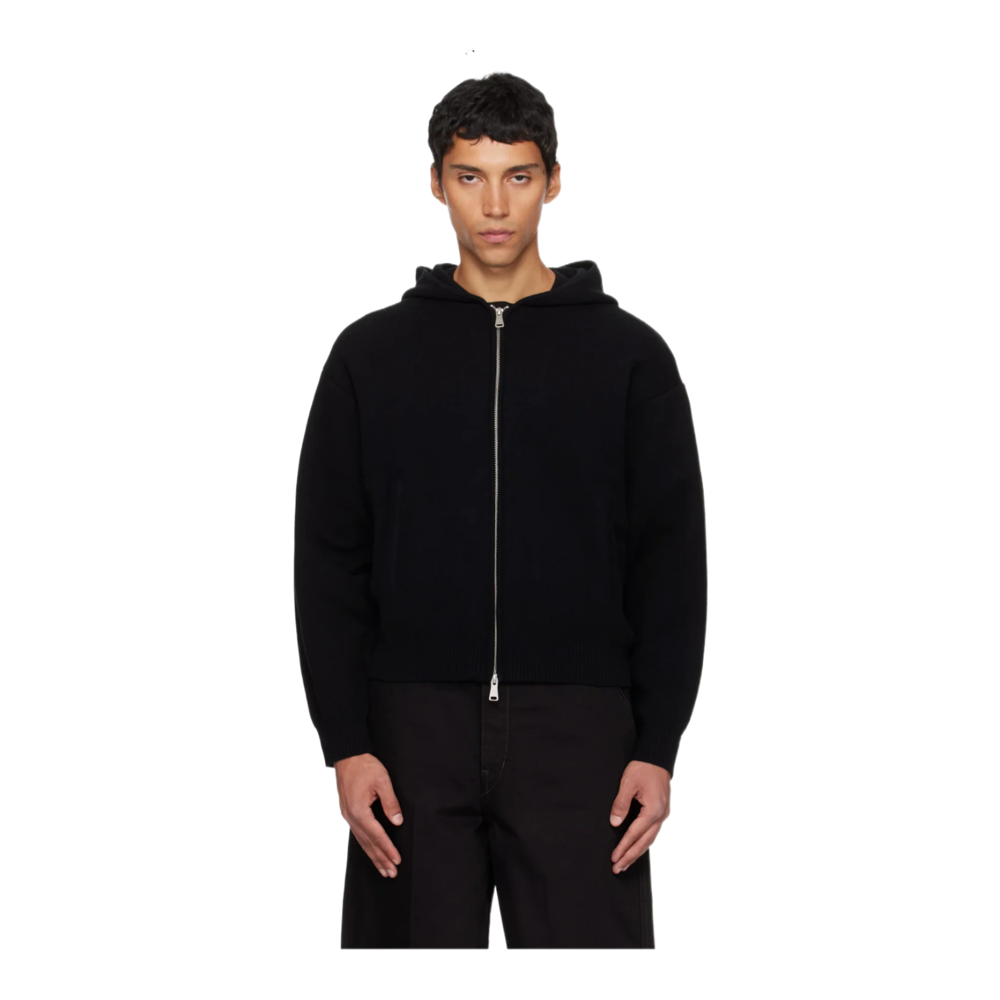 Black Double Face Wool Blend Zip-Up Hoodie