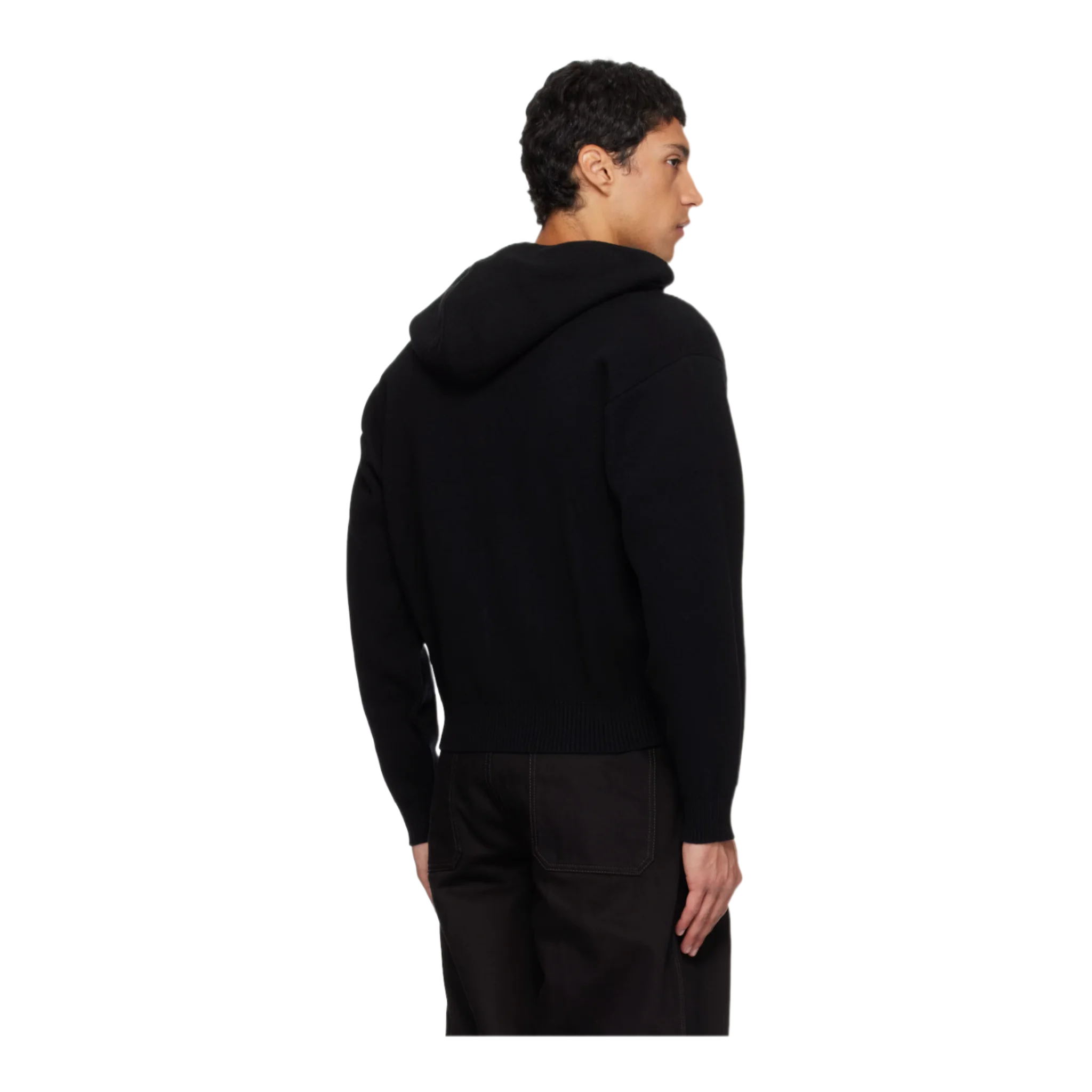 Black Double Face Wool Blend Zip-Up Hoodie