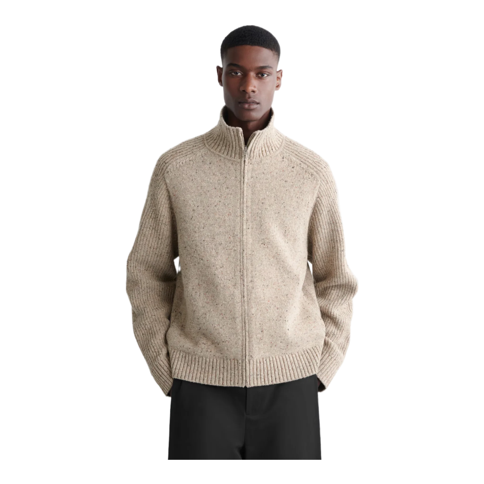 DONEGAL-EFFECT WOOL ZIP-UP CARDIGAN