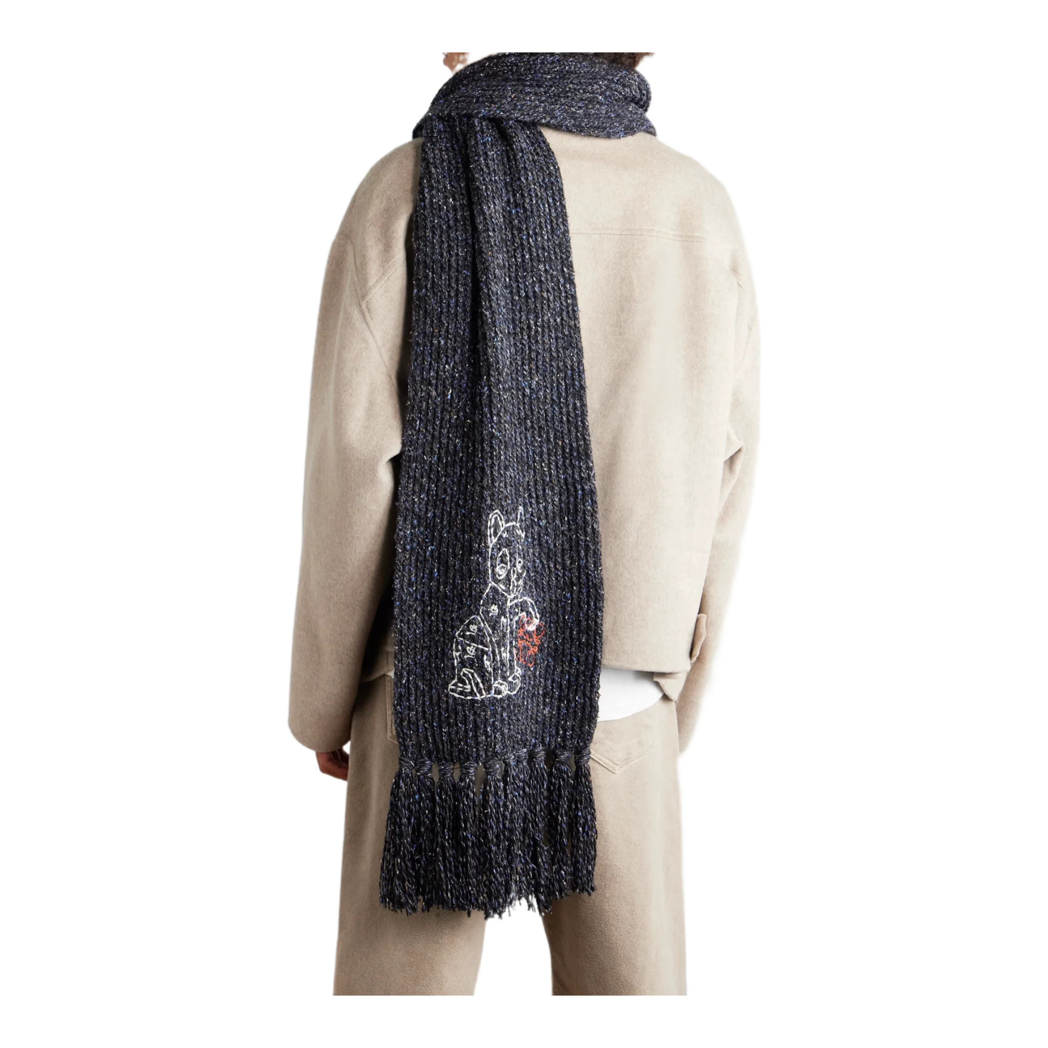 Fringed Embroidered Knitted Scarf